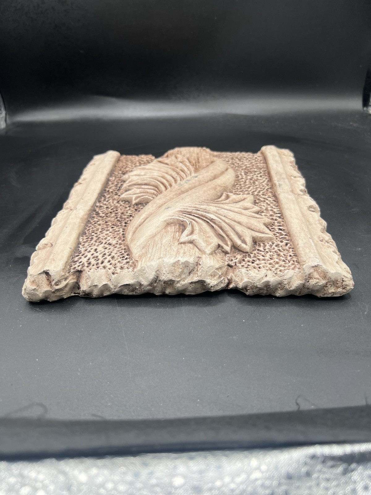Heavy Chalkware Acanthus Leaf Scroll Plaque 8″Architectural Block Decor 3+ Lbs