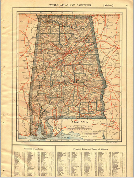 1914 Original Map “Alabama” Or “Alaska” Color Vintage From Collier Atlas