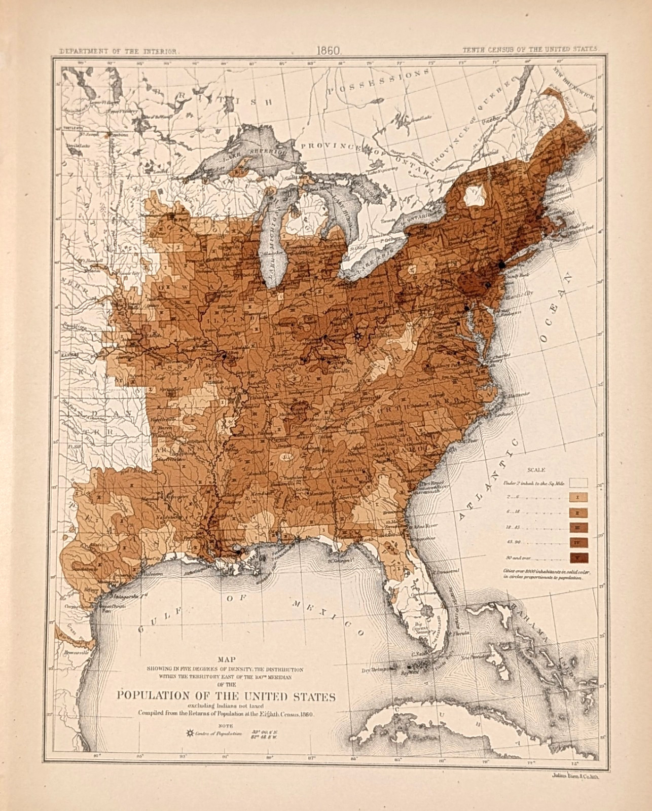 1860 UNITED STATES – POPULATION – Map ORIGINAL 1880 – INDIAN TERRITORY
