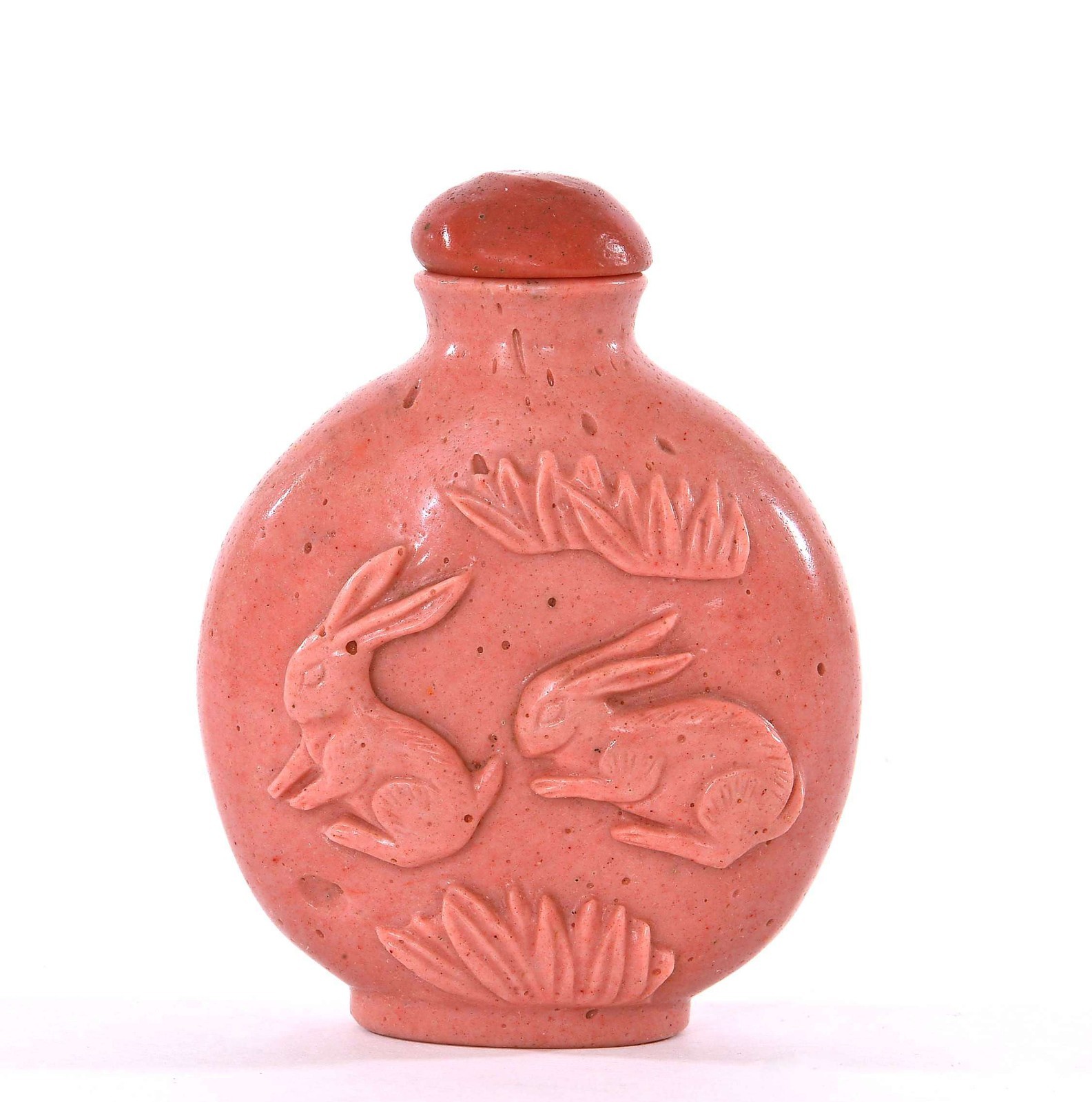 1930’s Chinese Carved Carving Pink Peking Glass Snuff Bottle Rabbit