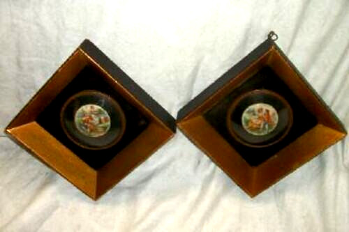 1920s FRENCH LIMOGES PLAQUES CONVEX GLASS BRONZE VELVET GILT WOOD ANTIQUE