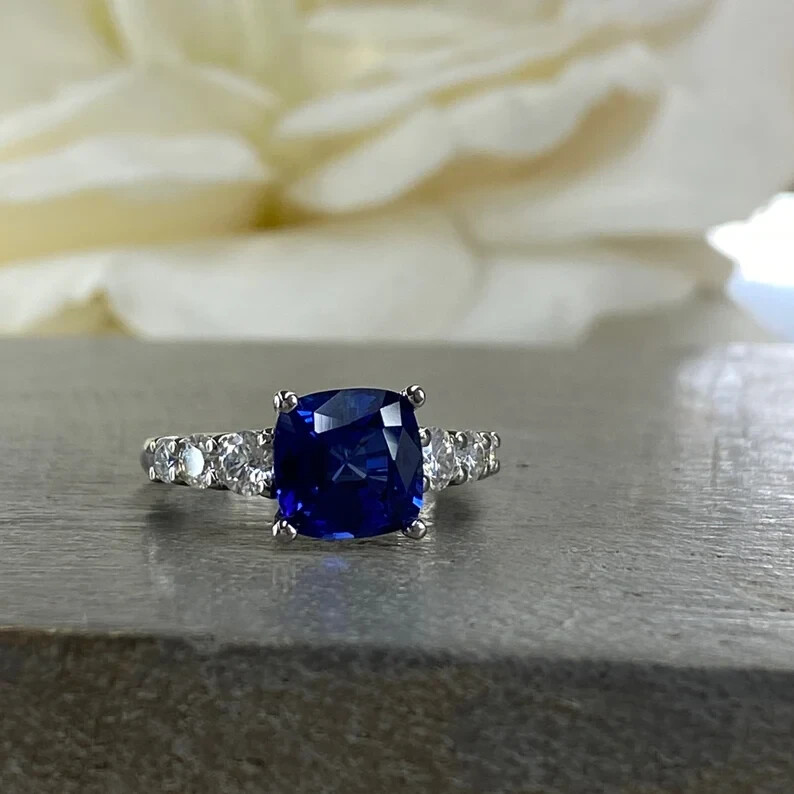 2.50 Ct Natural Sapphire Diamond Engagement Wedding Ring 14K White Gold Size 7