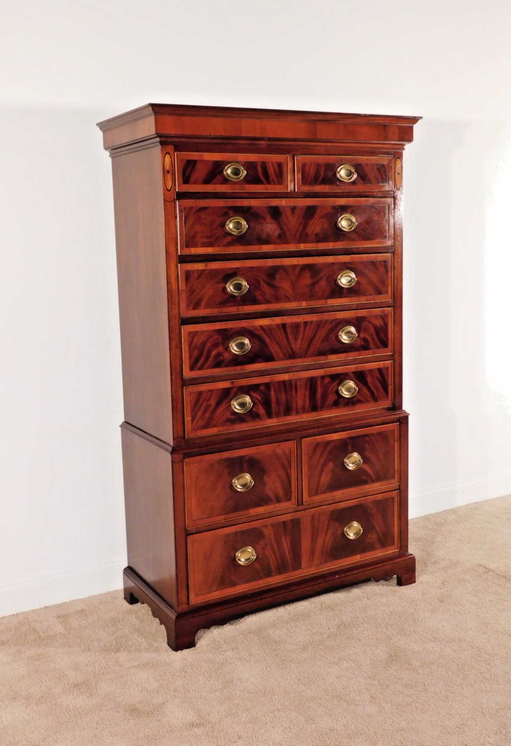 Vintage Hekman Inlaid & Flame Mahogany 9 Drawer Tall Highboy Chest Dresser