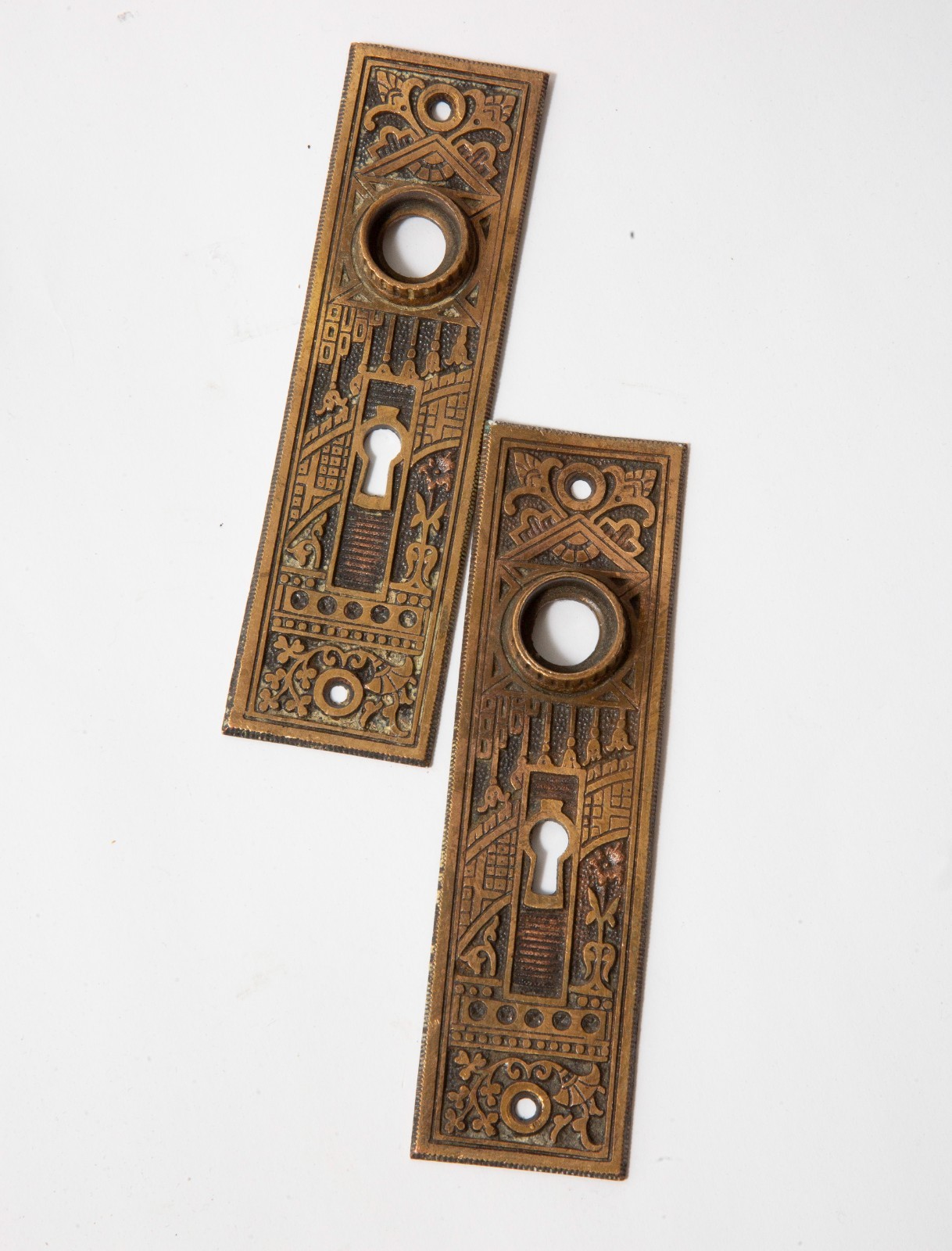 1880s ceylon pattern cast brass or bronze doorknob backplates