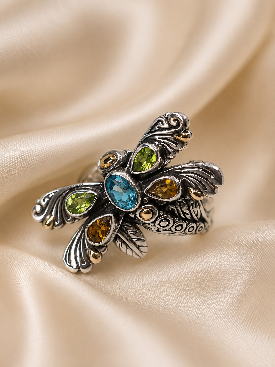 Silver Multi Gemstone Dragonfly Ring 18K Gold Accent Oxidized Statement jewelry