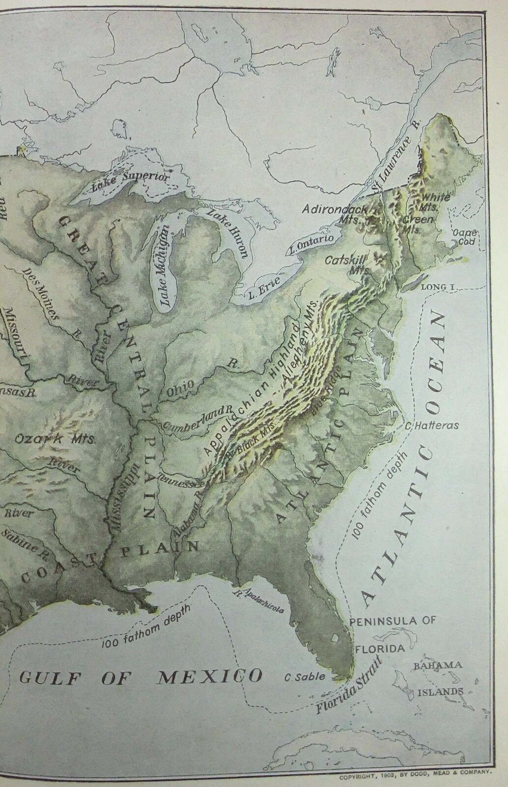 USA – Original 1903 Physical Map by Dodd Mead & Company. Antique