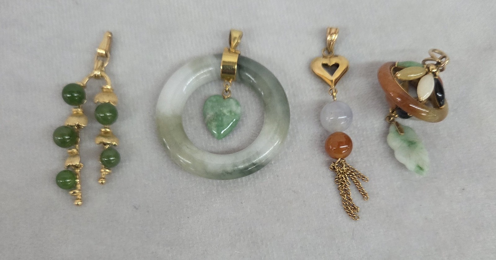 lot of Four Vintage 14k Gold & Chinese Multi-Color Jade Necklace Pendants