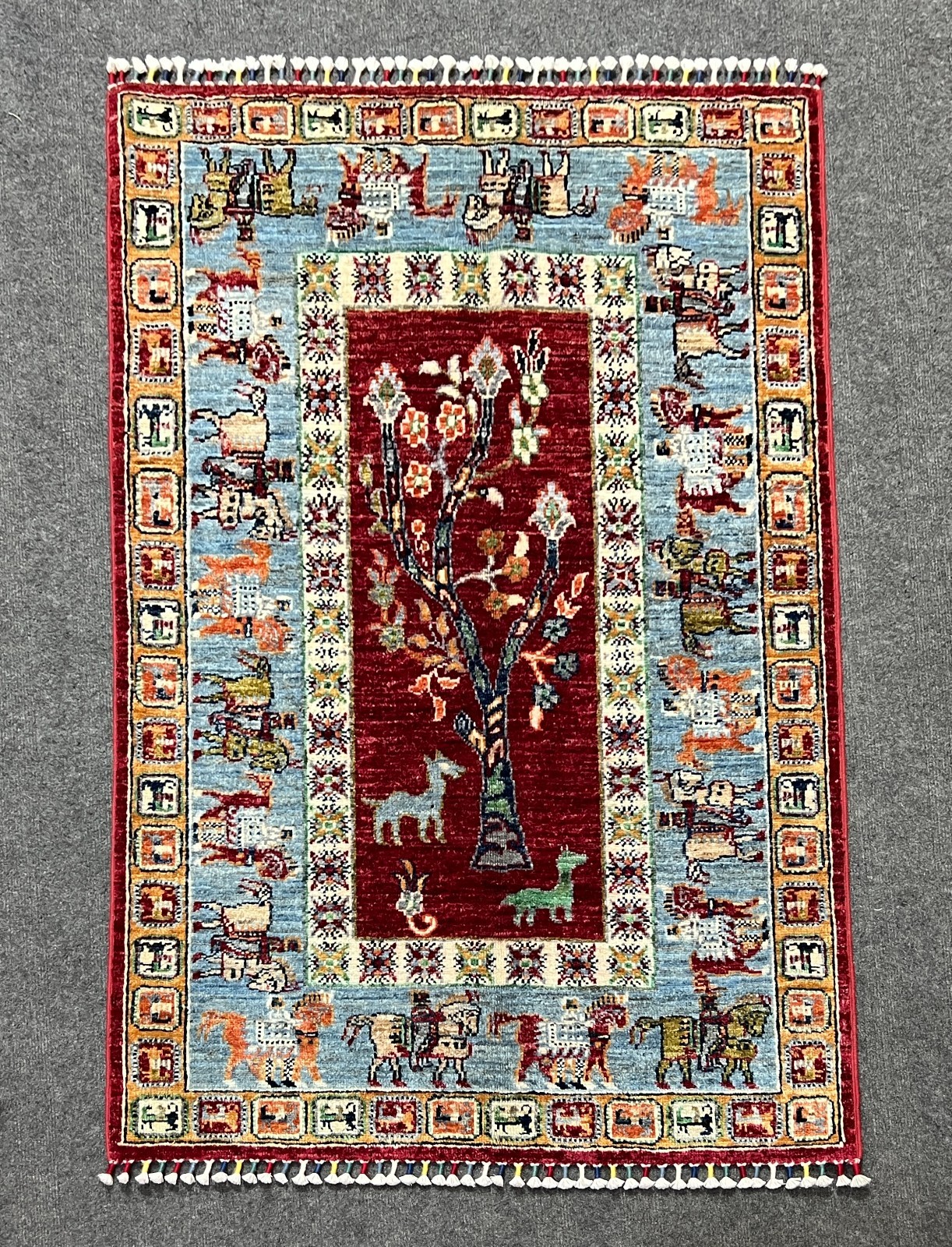 Afghan Handmade Wool Rug 2.10×4.3 Pictorial Tree of Life Tribal Animal Carpet