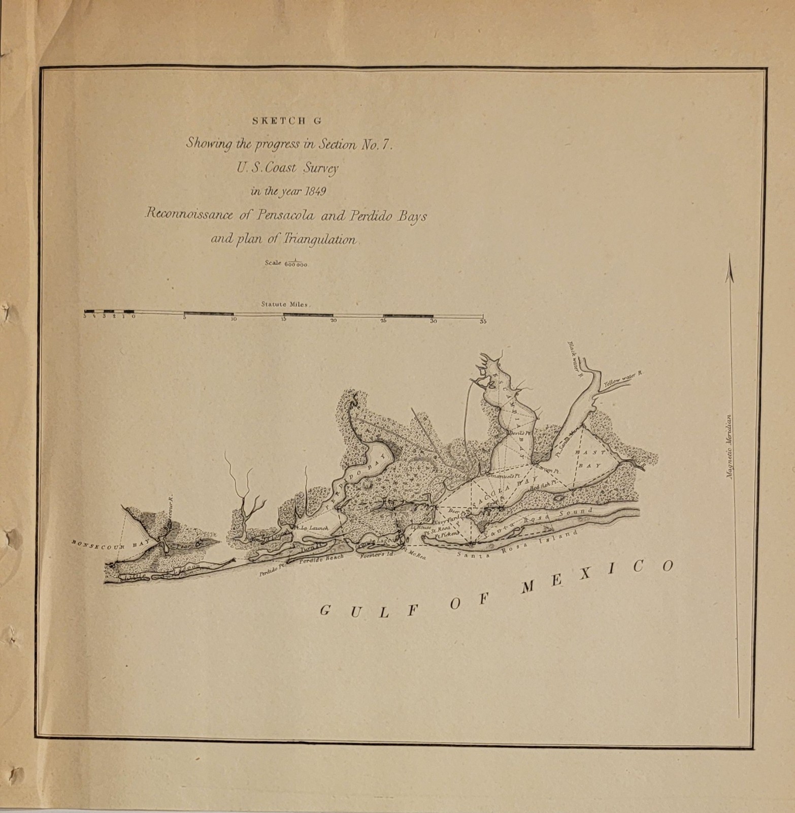 1851 B&W US Coast Survey map/chart Sketch G No. 7 Pensacola Bay Perdido Bay FL