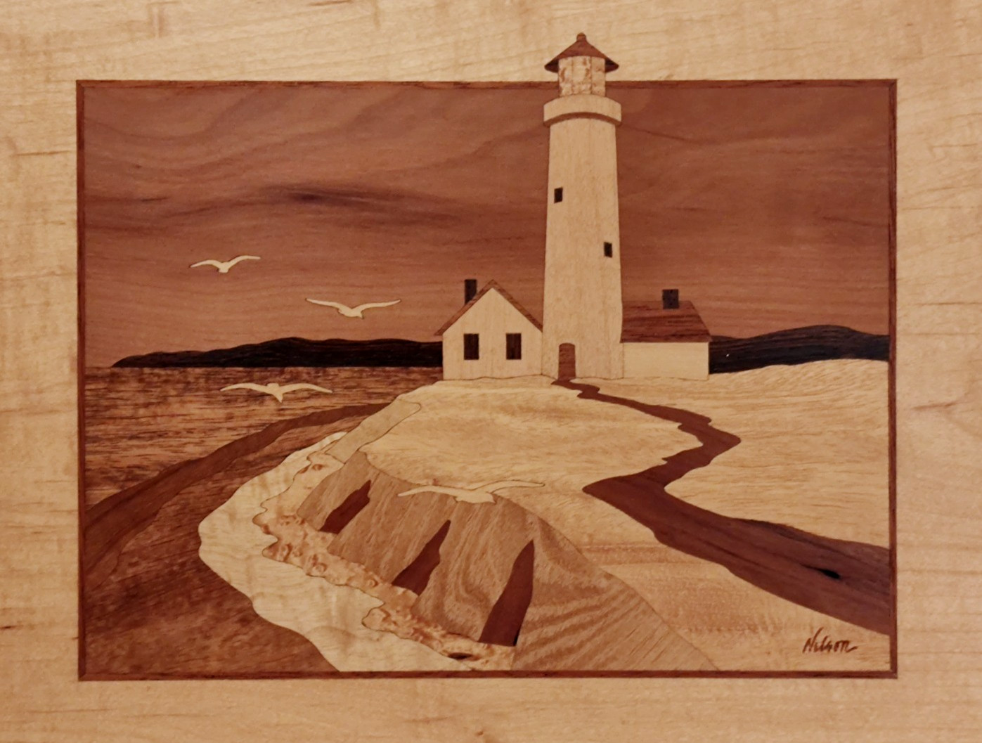 HUDSON RIVER INLAY PICTURE – LIGHTHOUSE – WOOD MARQUETRY by NELSON 13 X 16