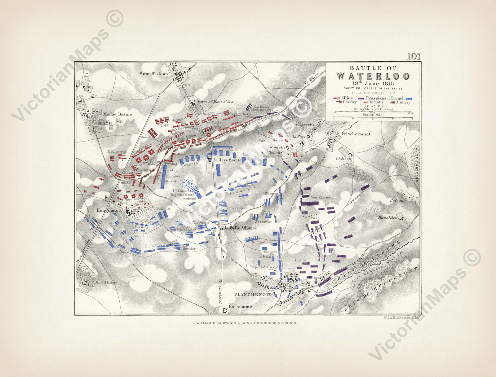 Antique map WATERLOO BATTLE Plan 2 Johnston 1850 wall art gift print poster XL