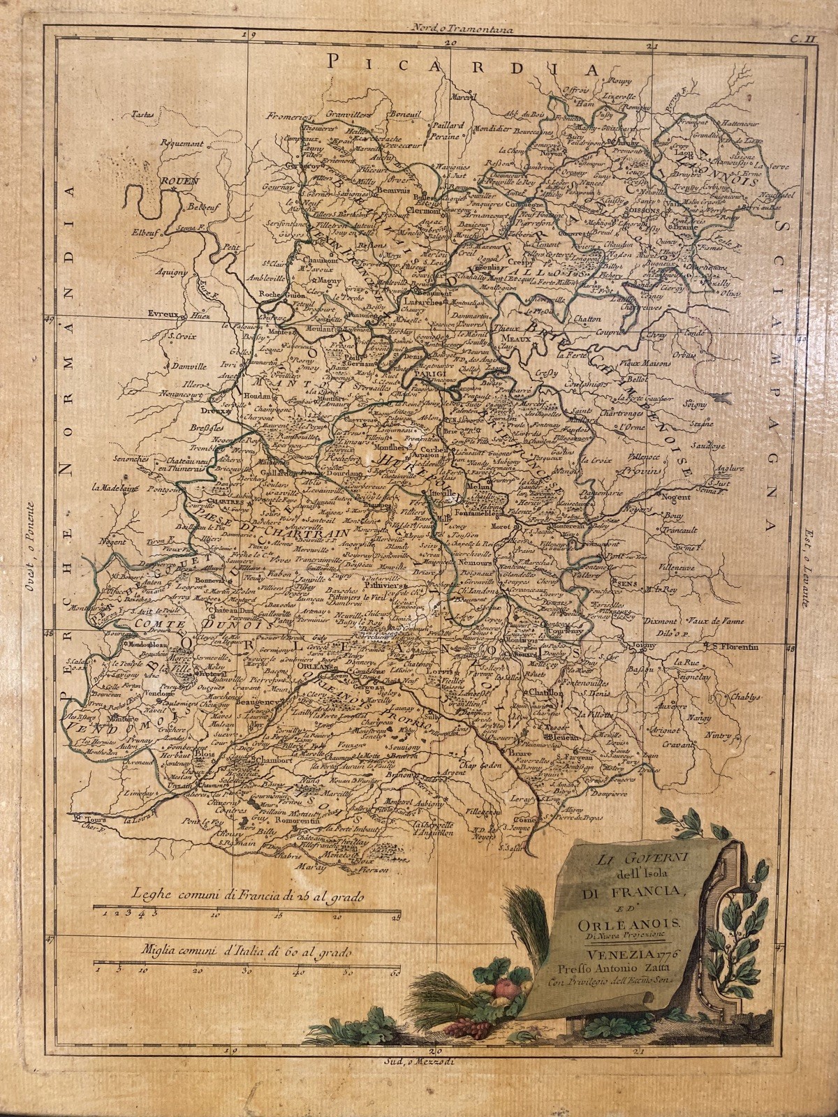 Antonio Zatta 1777 Hand-Colored Map of France (Picardy & Orléanais), Original