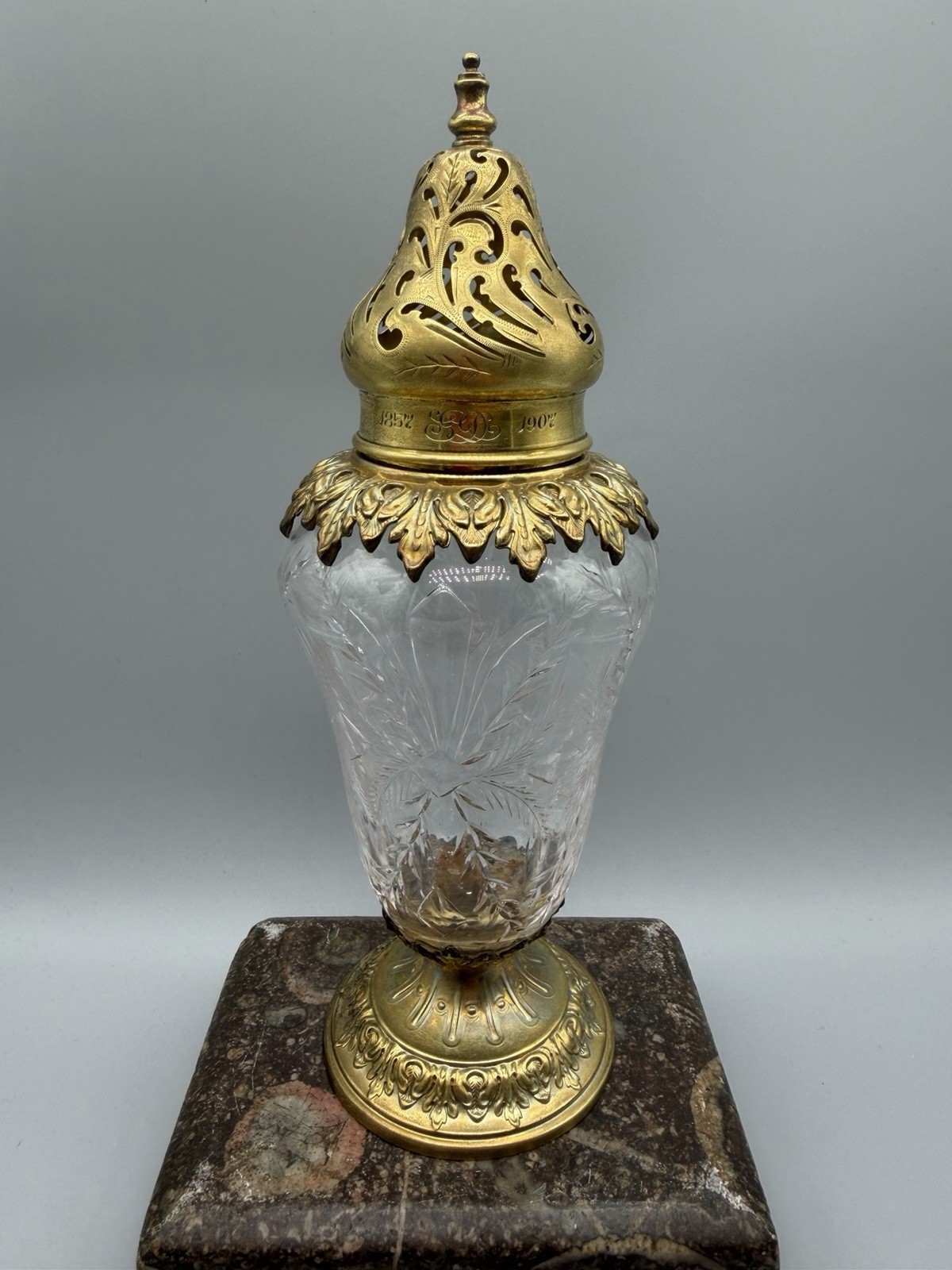American Sterling Silver Gilt & Etched Crystal Muffineer or Sugar Shaker, c 1900
