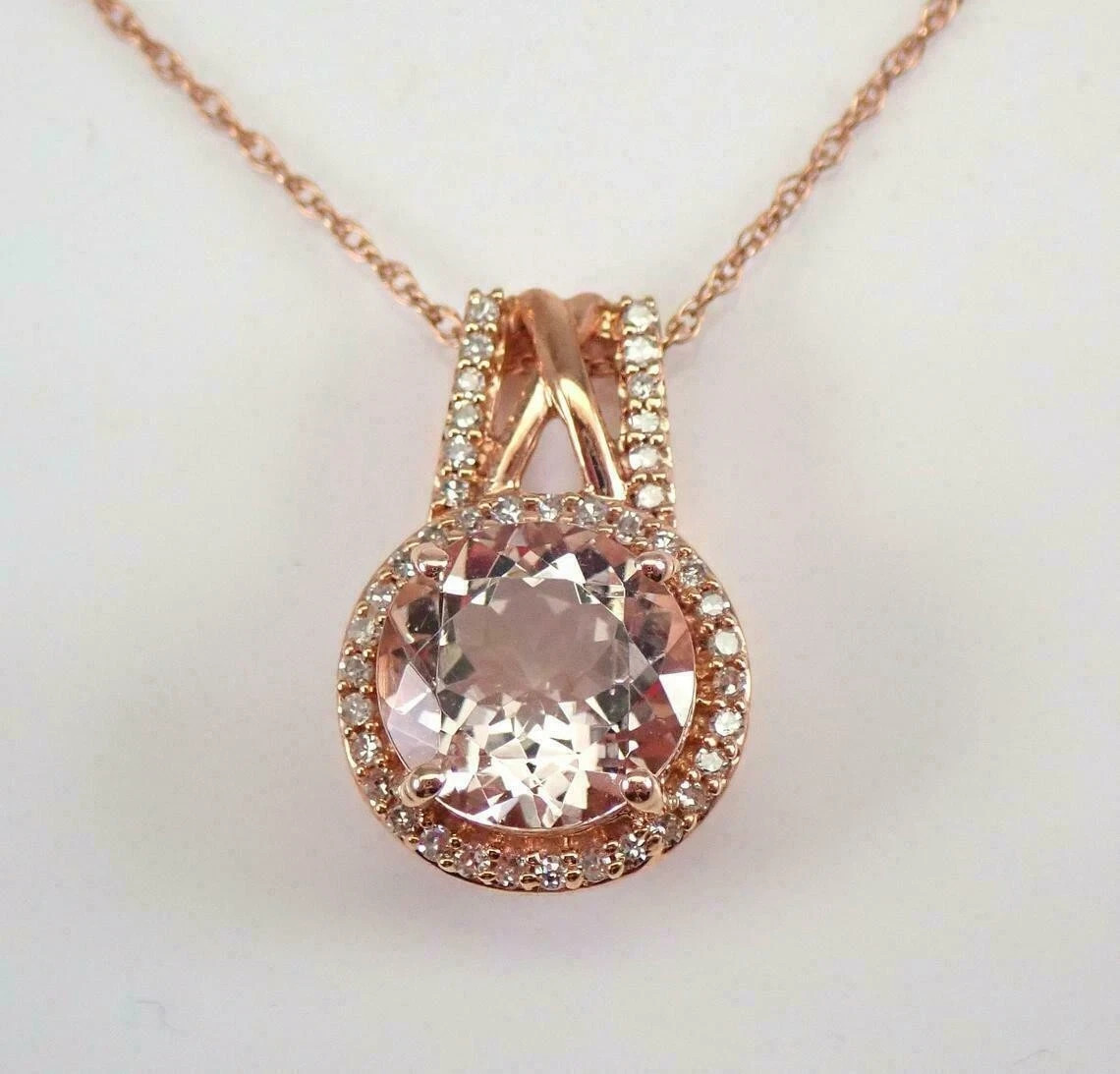 2Ct Round Cut Morganite Diamond Women Halo Pendant Necklace 14K Rose Gold Finish