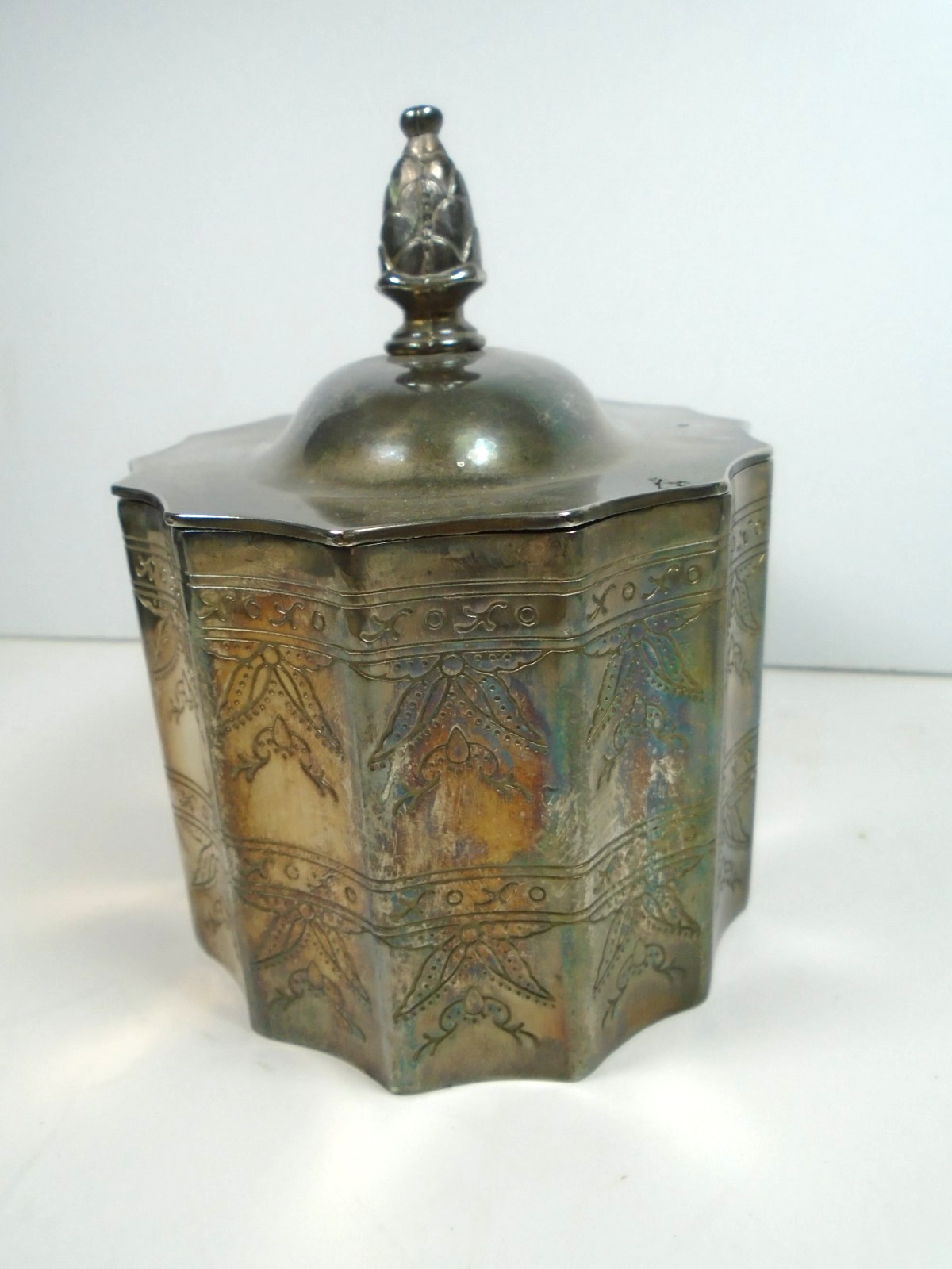 GODINGTON SILVER 1991 ORNATE ENGRAVED TEA CADDY WITH LID RED VELVET LINED