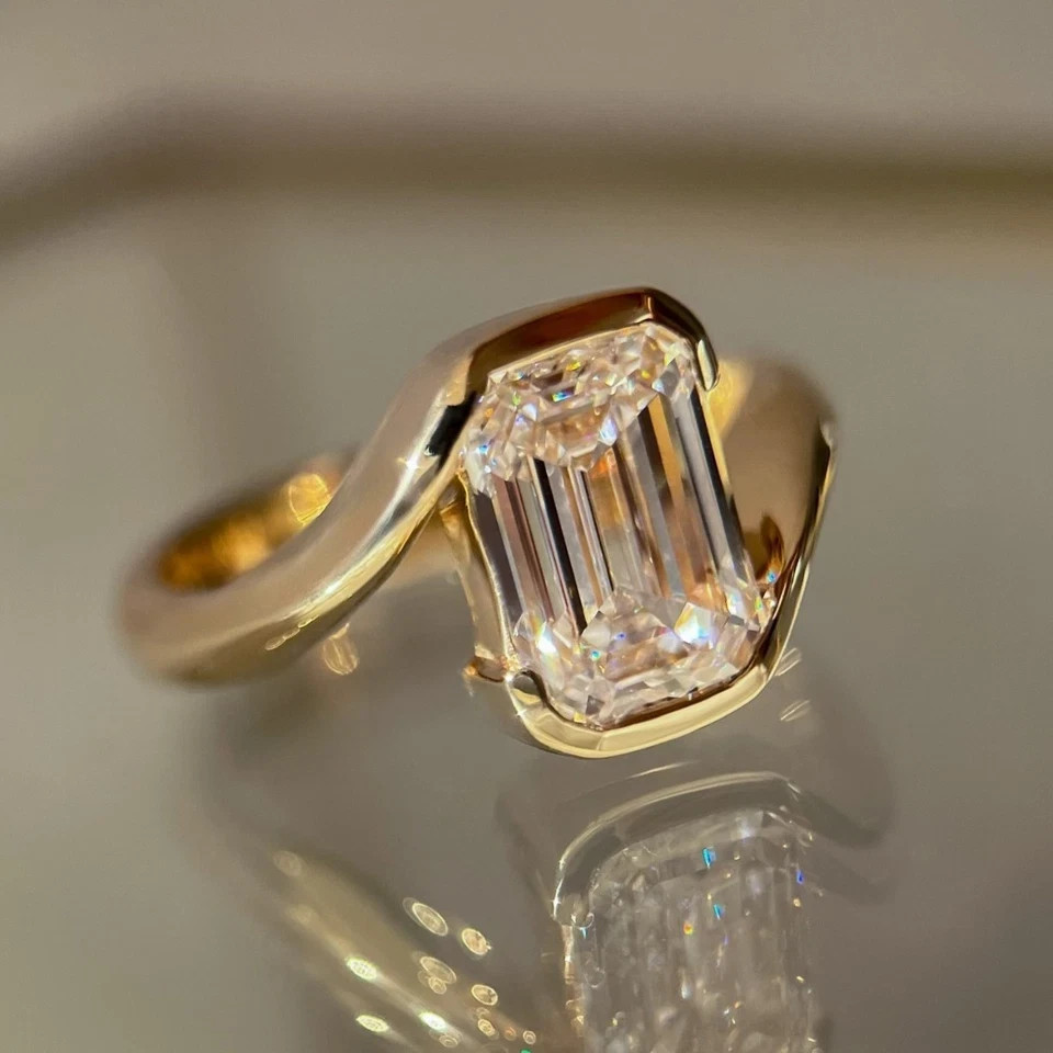 3Ct Emerald Cut Lab Created Diamond Bezel Engagement Ring 14K Yellow Gold Plated