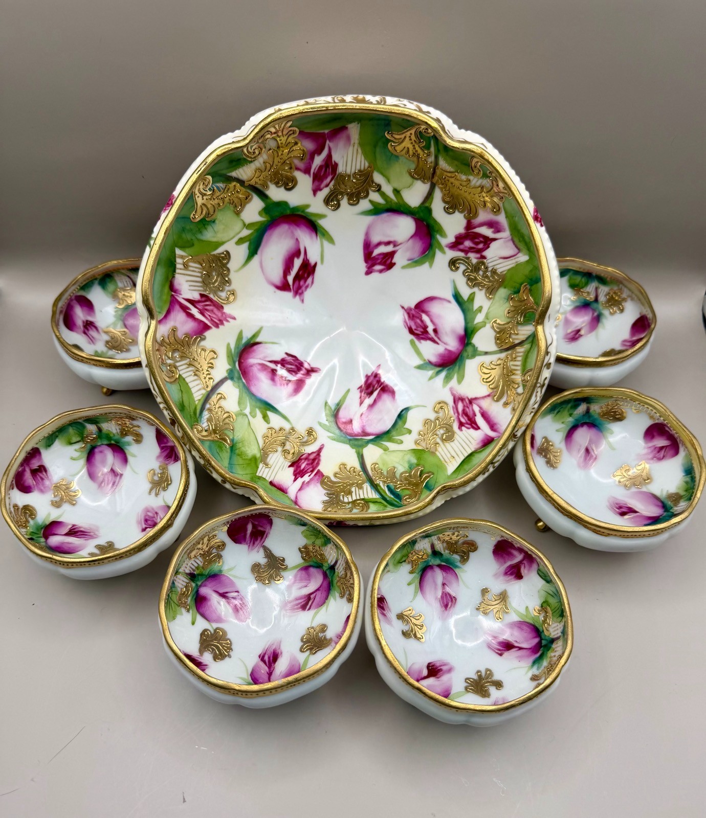 Antique Hand Painted Nippon Berry Bowl Set 7 Pc Pink Rosebuds Gold Gilt Pristine