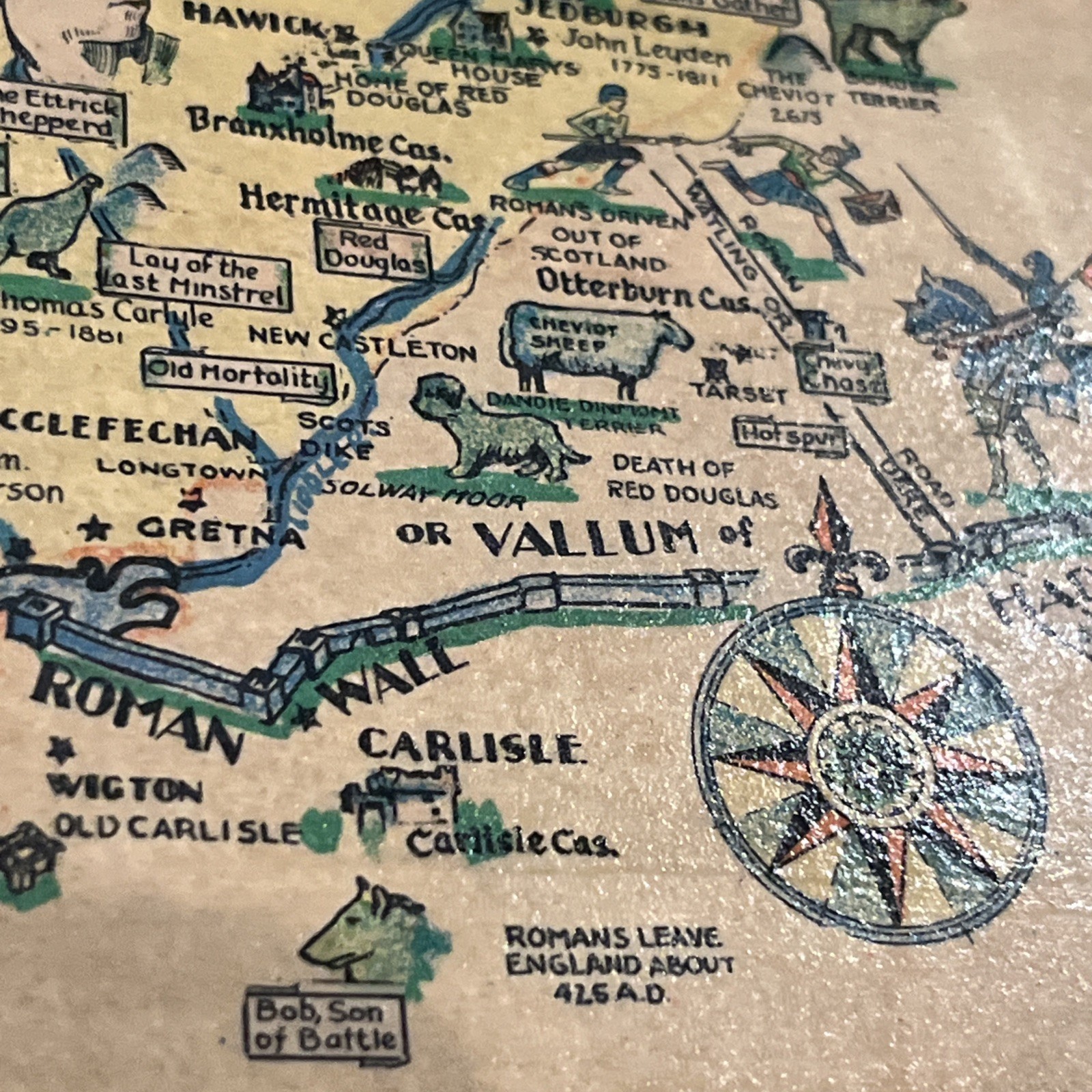 Vintage 1939 ‘The Story Map Of Scotland’ On Wood Placard 15” X 17” Hand Colored!