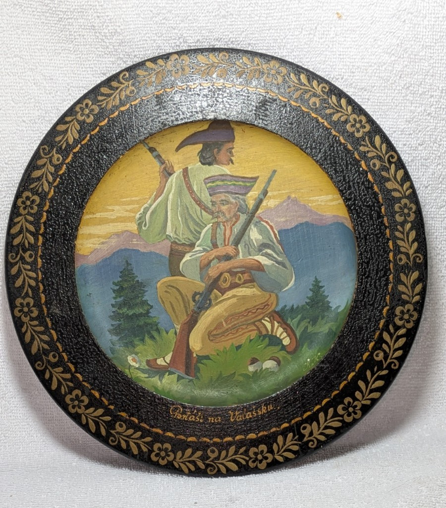 Vintage Jan Polách Hand-Painted Wooden Plate – Czech Wallachian Folk Art Portáši