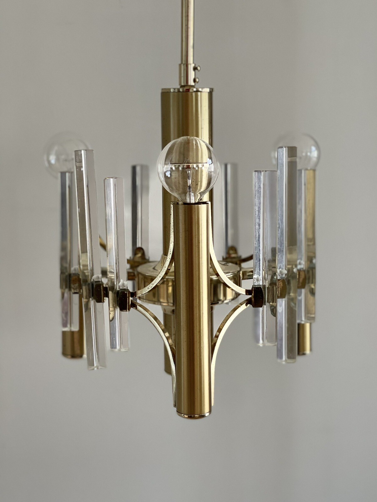 Italian Sciolari Brass Crystal Clear Pendant Chandelier Ceiling Light Vintage