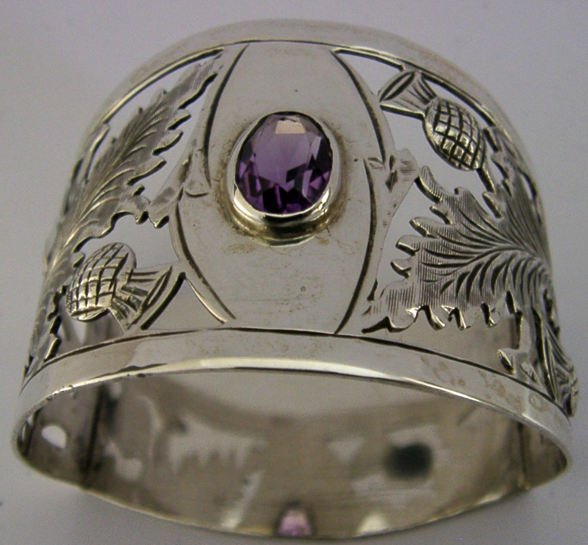 ARTS & CRAFTS STERLING SILVER SCOTTISH THISTLE AMETHYS NAPKIN RING 1910