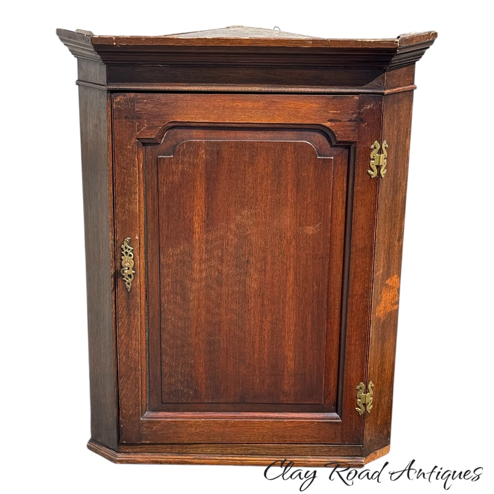 antique Georgian oak raised panel small hanging corner cupboard cabinet 18th sty