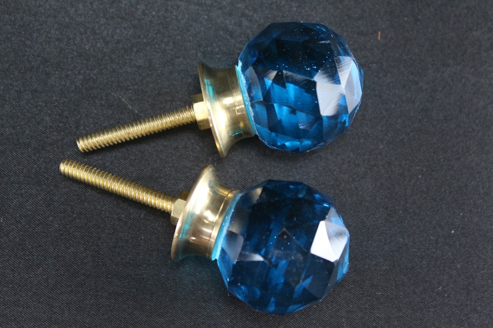 Sky Blue Diamond Cut Glass Door Knobs | Brass Base, Vintage Set of 2, Home Decor