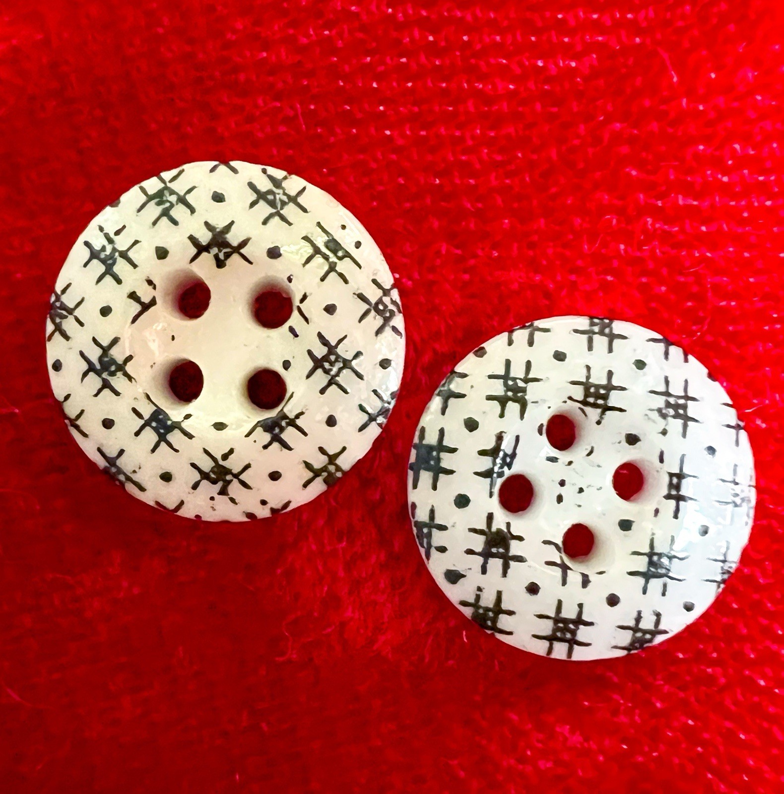 2 Antique China Calico Buttons Black White Pattern #63 Vintage Collection