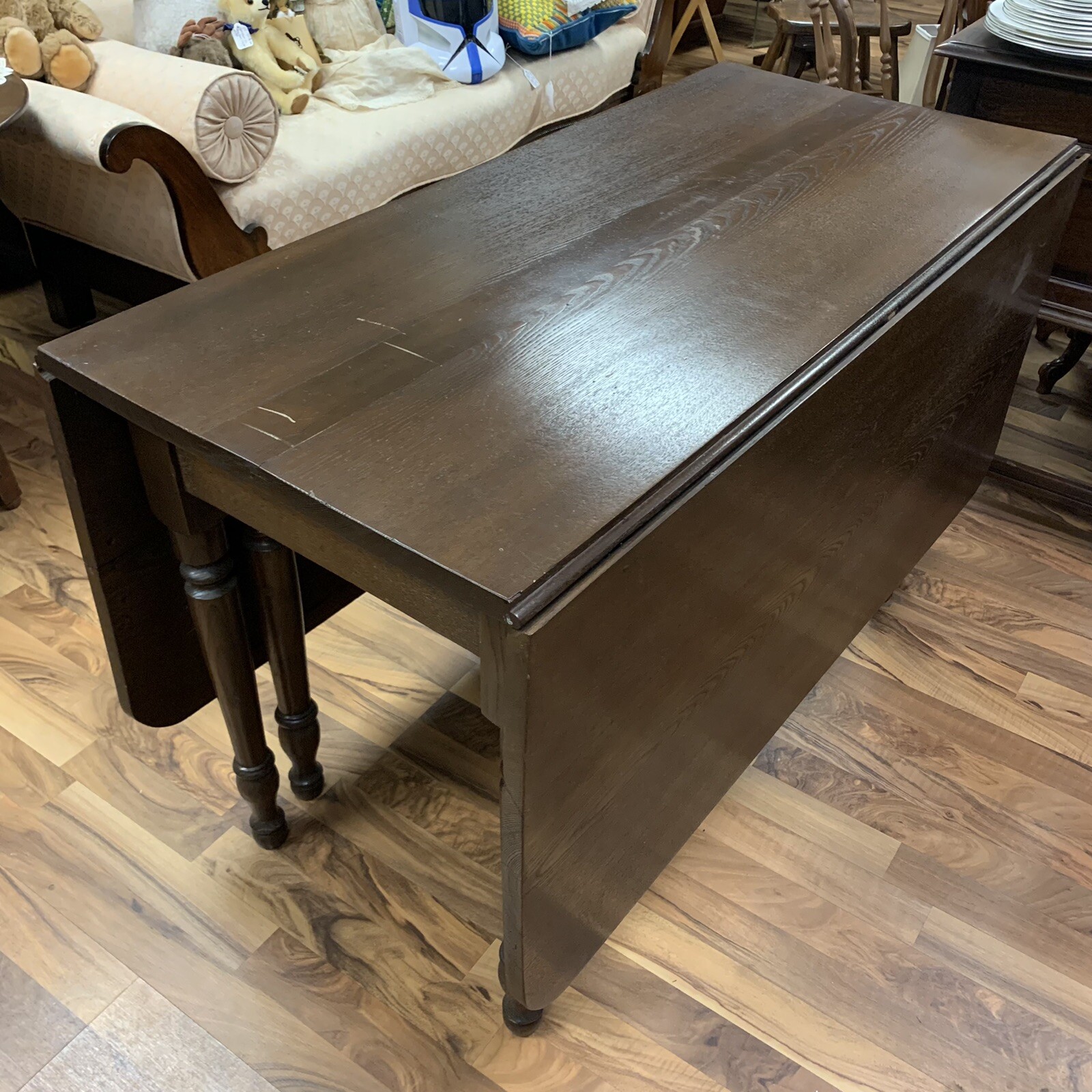 ATQ 1800s Primitive Hand Carved Solid Oak Wood Drop Leaf Table w/ Gate Legs 60”L