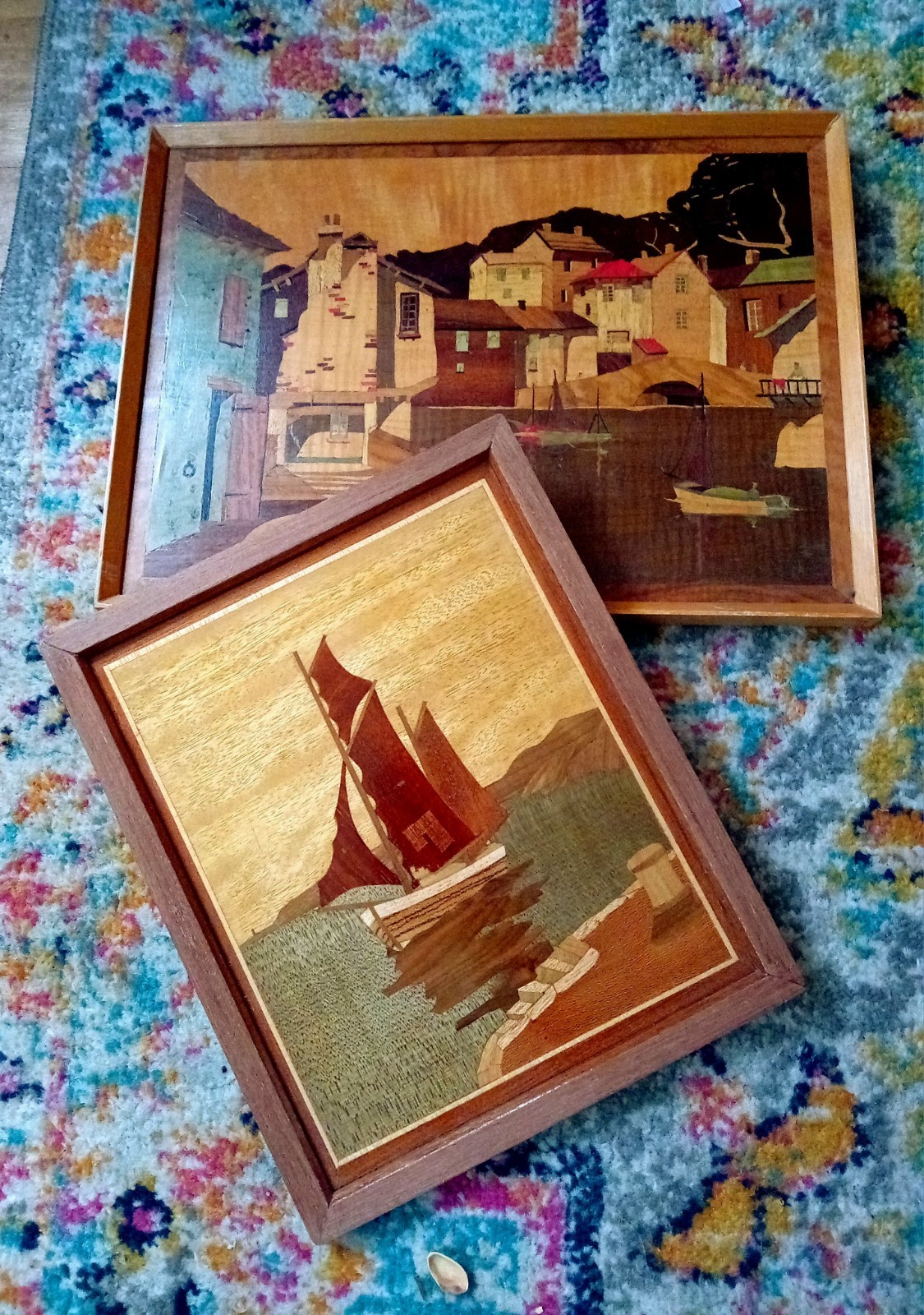 2 x MCM Vintage Marquetry Plaques, Wood Inlay Boats on Water, Houses, Landscape