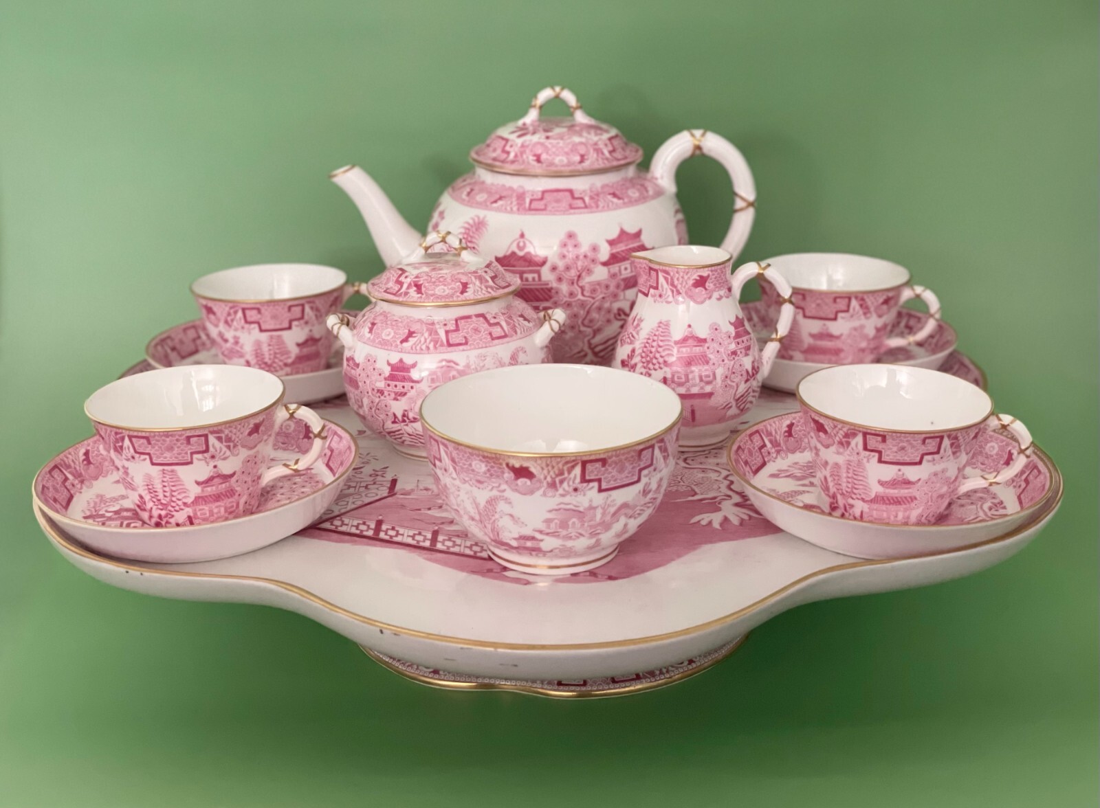 Antique Royal Worcester Pink Willow Pattern Tea Dejeuner Service Set