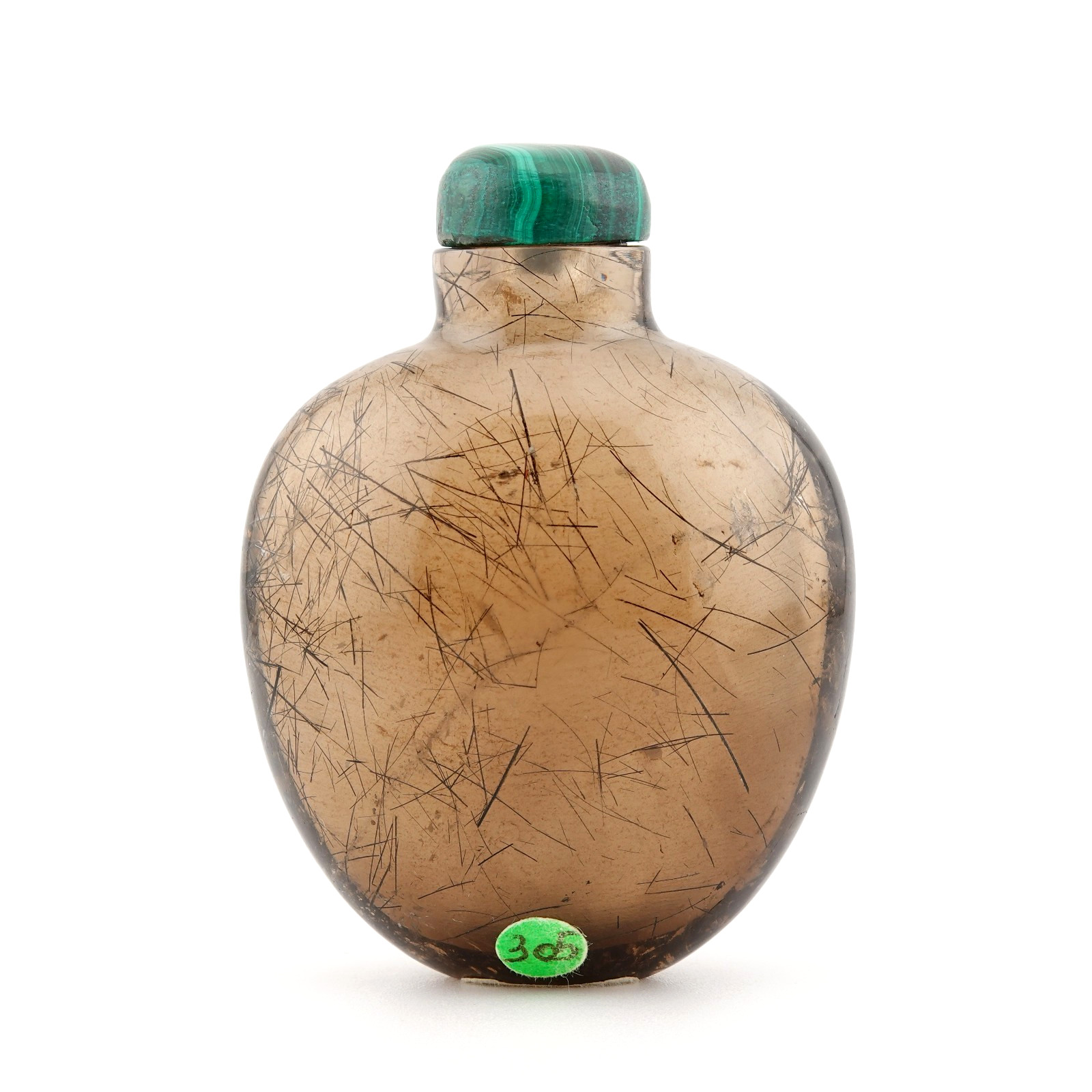 ANTIQUE 19thC CHINESE HAIR CRYSTAL CARVED QUARTZ SNUFF BOTTLE WITH MALACHITE LID