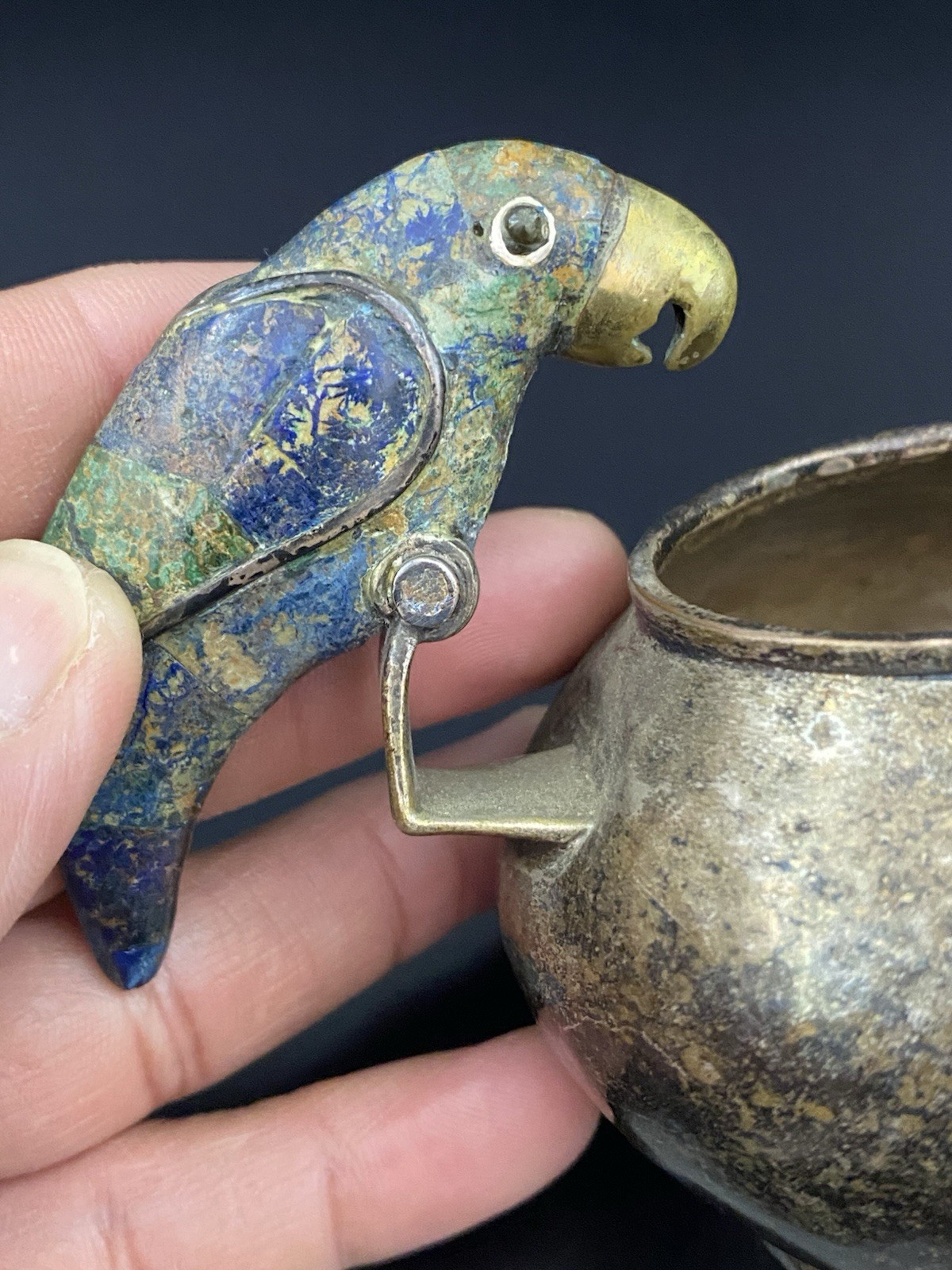 Los Castillo Vintage Silverplate Lapis Lazuli Parrot Sugar Basin Bowl Signed