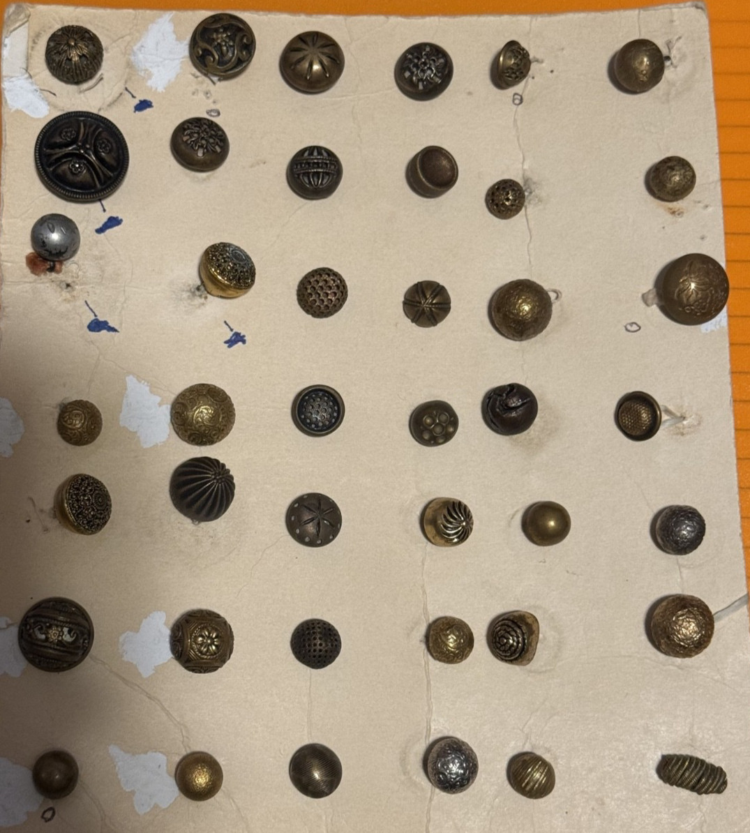 42 Antique/Vintage Domed Brass, Pewter, Golden Age, Mirror Back OLD BUTTON CARD