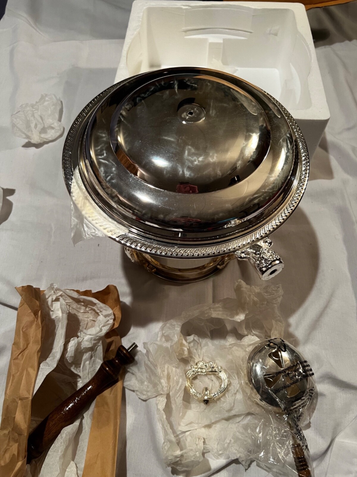 Vintage Silver Plated Chafing Dish 13 in height x 20 in diameter. Never Used.