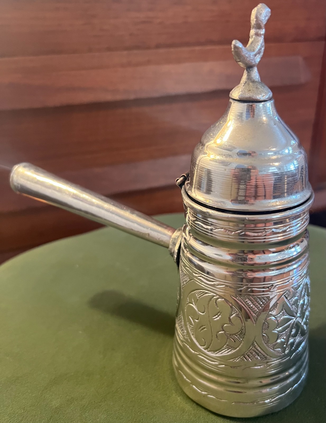 Vintage Middle Eastern Dallah Coffee Pot Hand Engraved Silver Plated 7″ Bird Lid