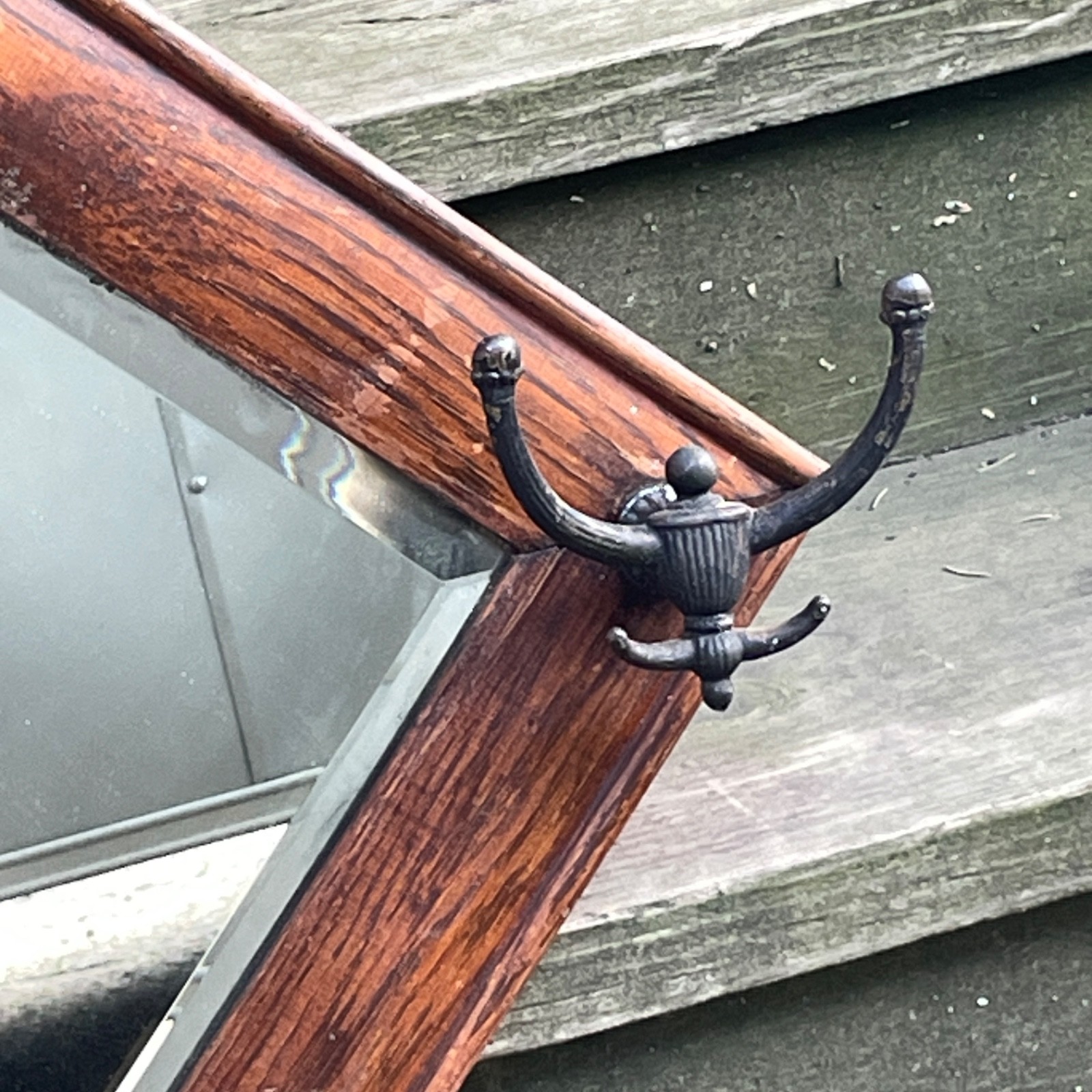 Antique Solid Oak Beveled Wall Mirror With Cast Iron Hat Coat Hooks