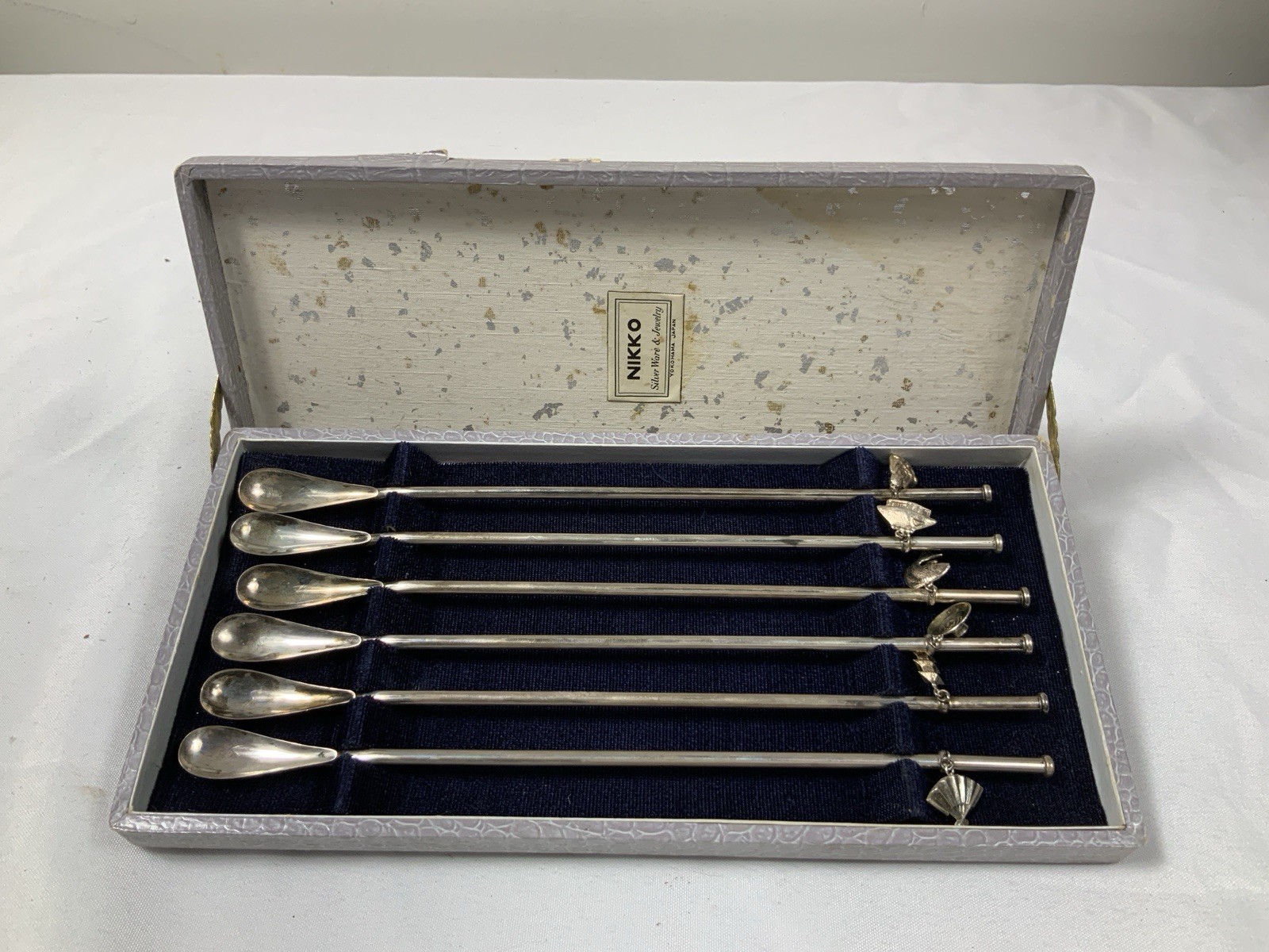 MCM Mid Century Sterling .925 6x Nikko Cocktail Stir Sip Straw Spoons w/ Charms