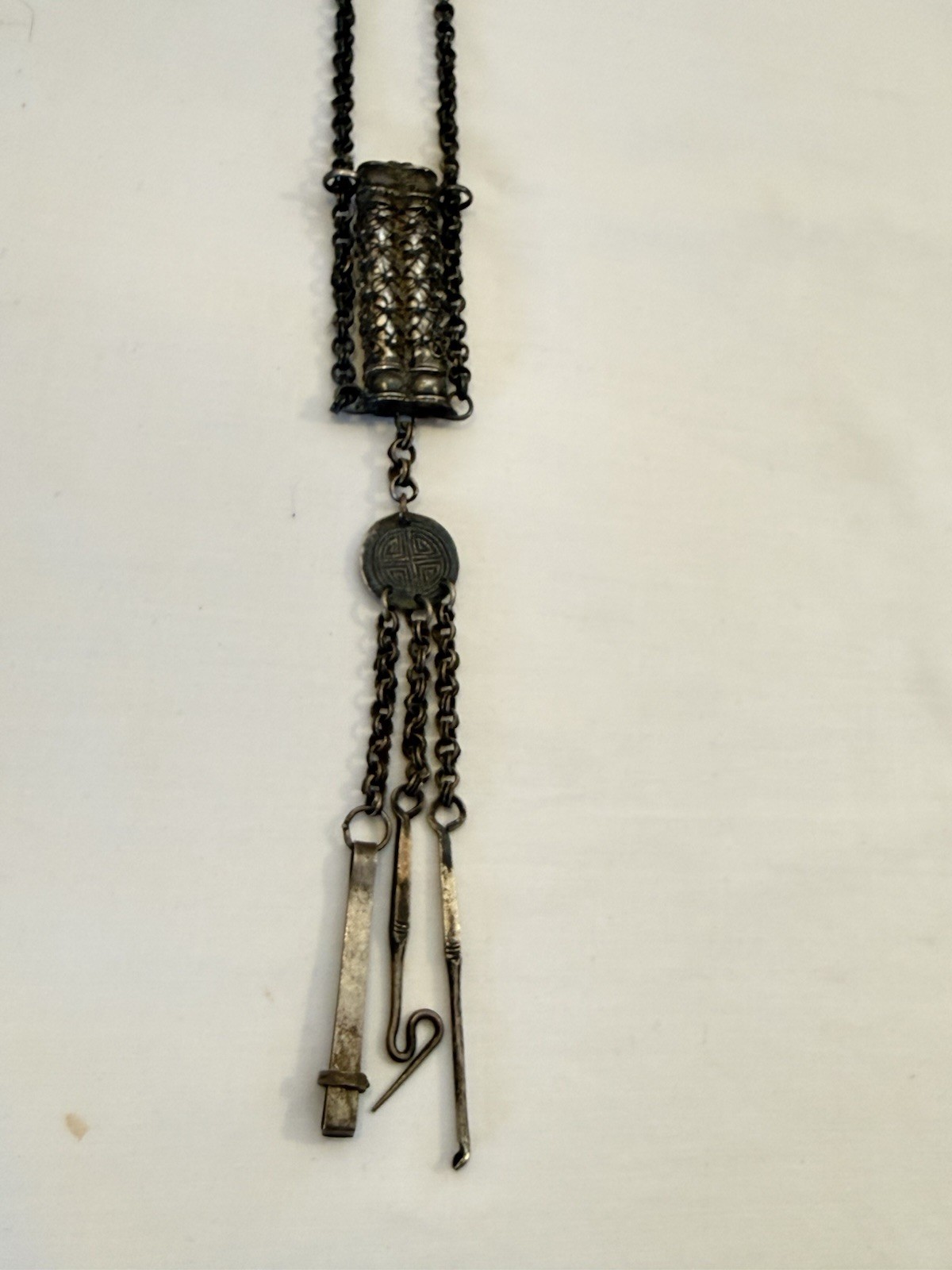 Antique Silver Chinese Opium Chatelaine With Tools and Snuff Box