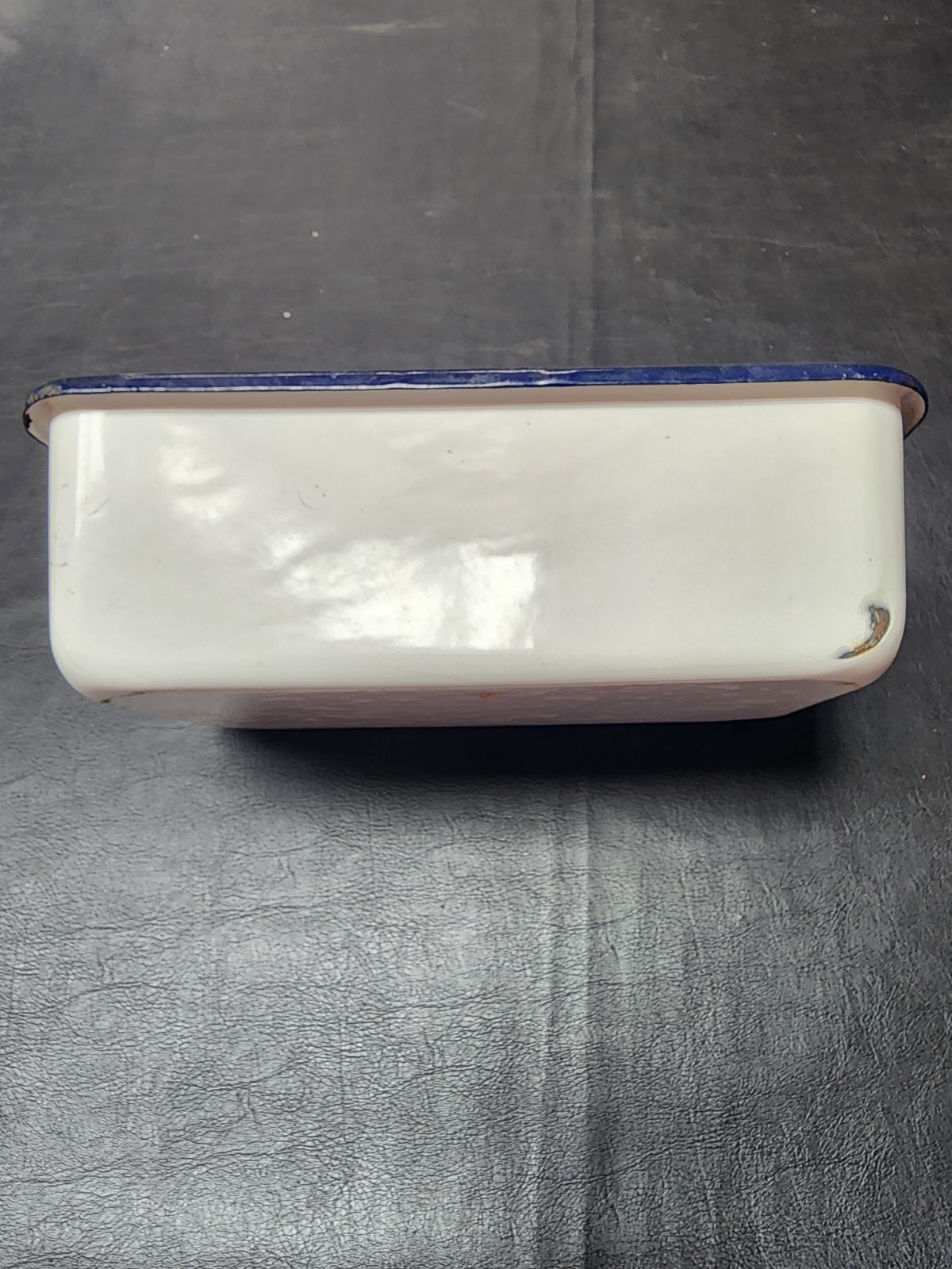 Vintage Enamelware rectangle white w blue trim container Kitchen Ware