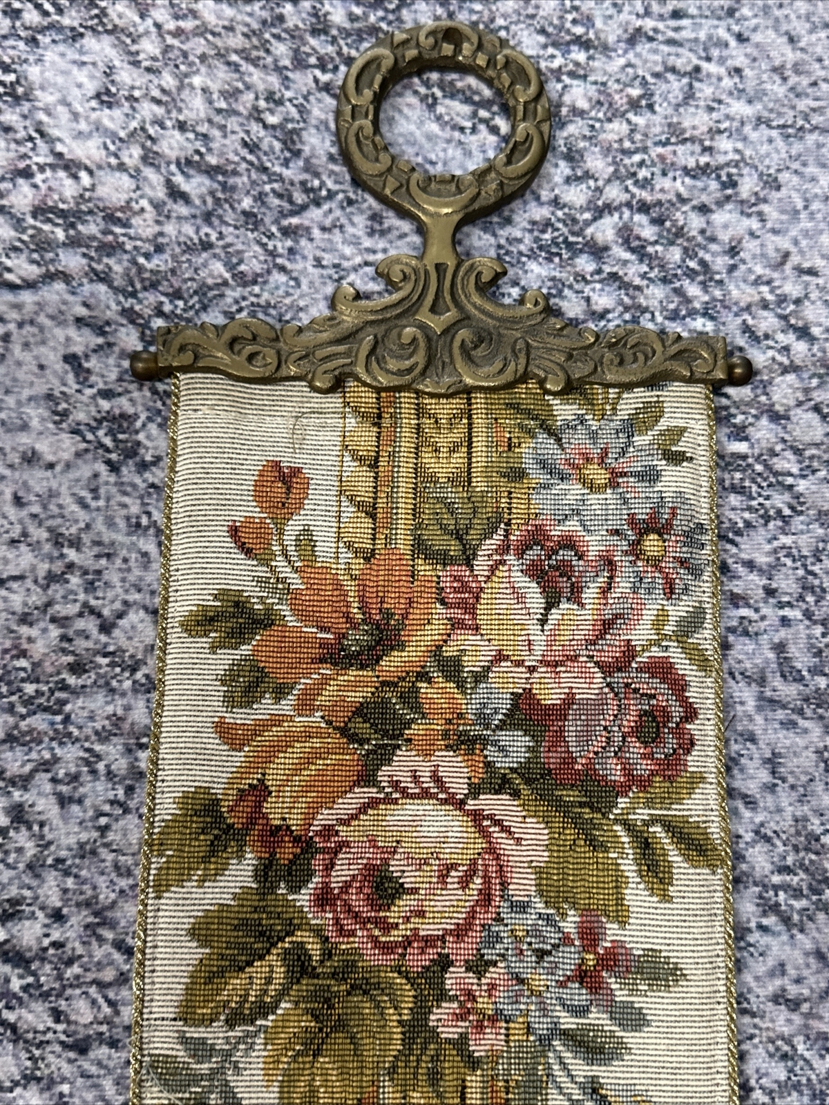 Vintage 38” MCM Corona Decor Tapestry Wall Hanging Roses Ornate Solid Brass Ends