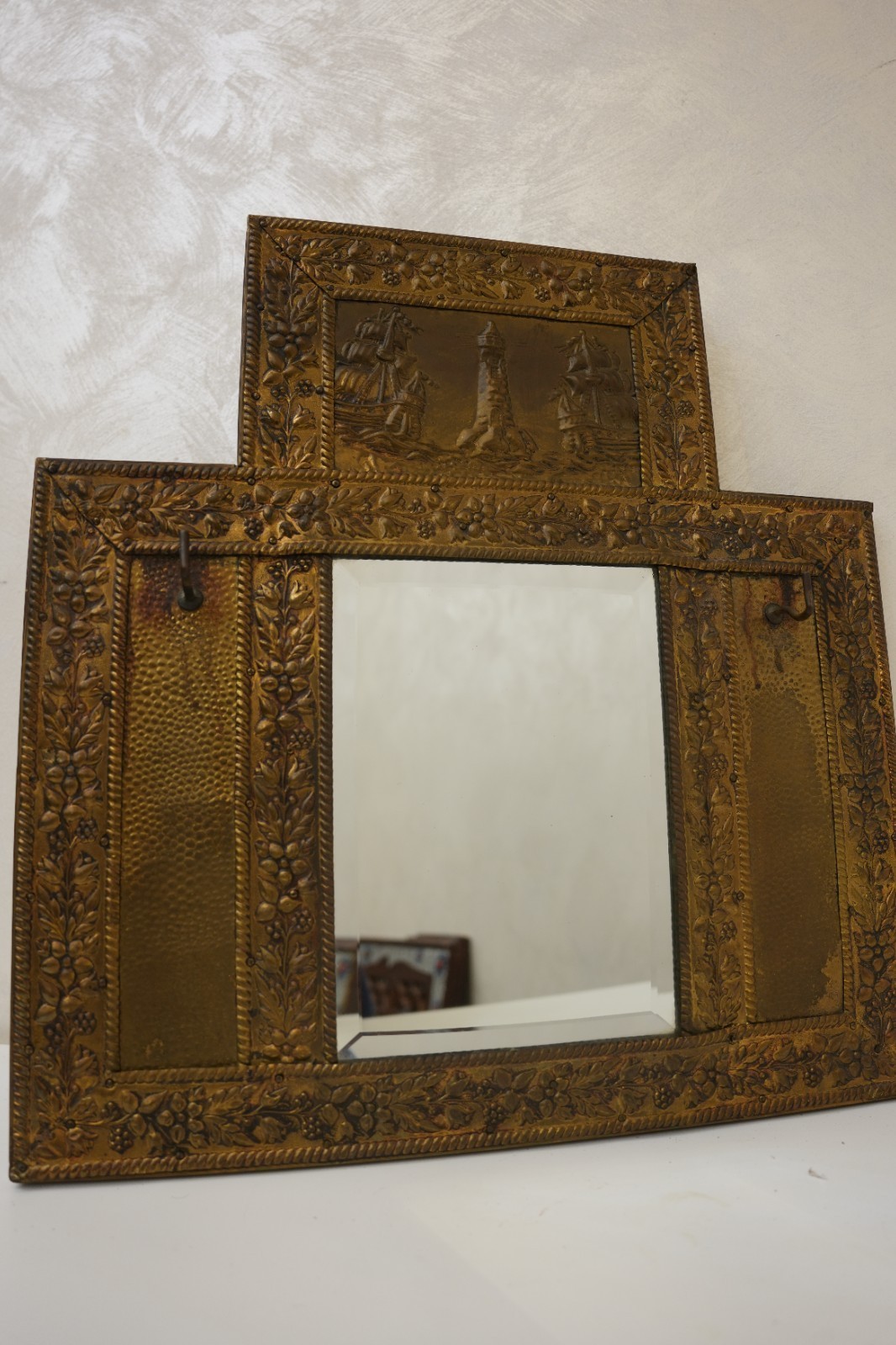 Antique Nautical Embossed Brass Mirror – Lighthouse & Tall Ships – Late 1800s