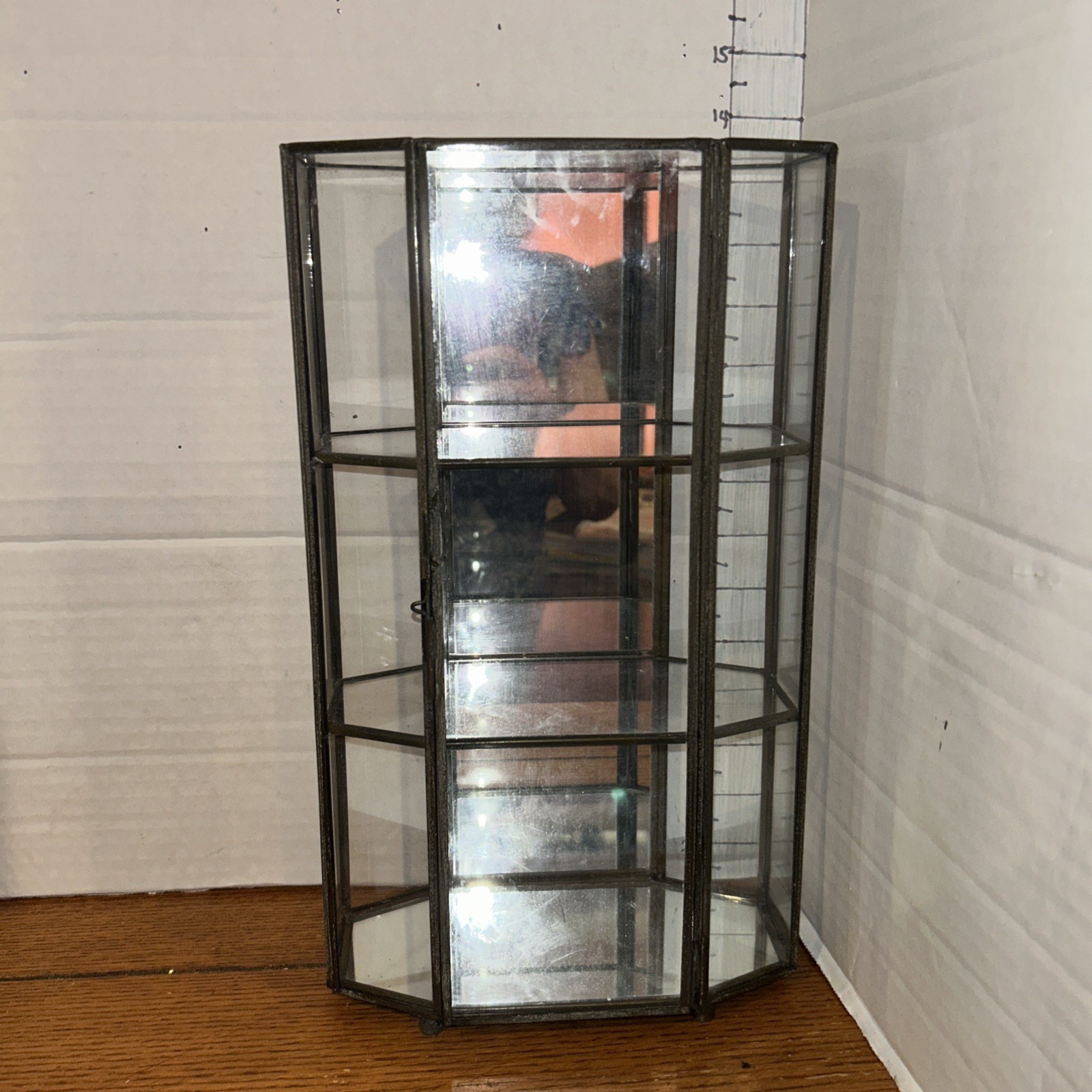 VTG Metal, Glass & Mirror Back Octagonal Curio Cabinet Display Case 13″ tall