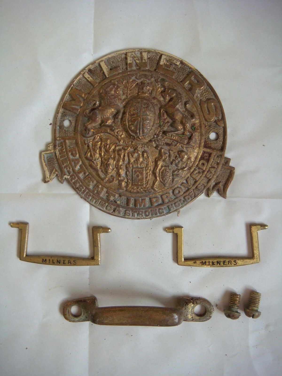 Antique Brass Milners Patent Improved Thief Resisting Safe Door Plate + Handles
