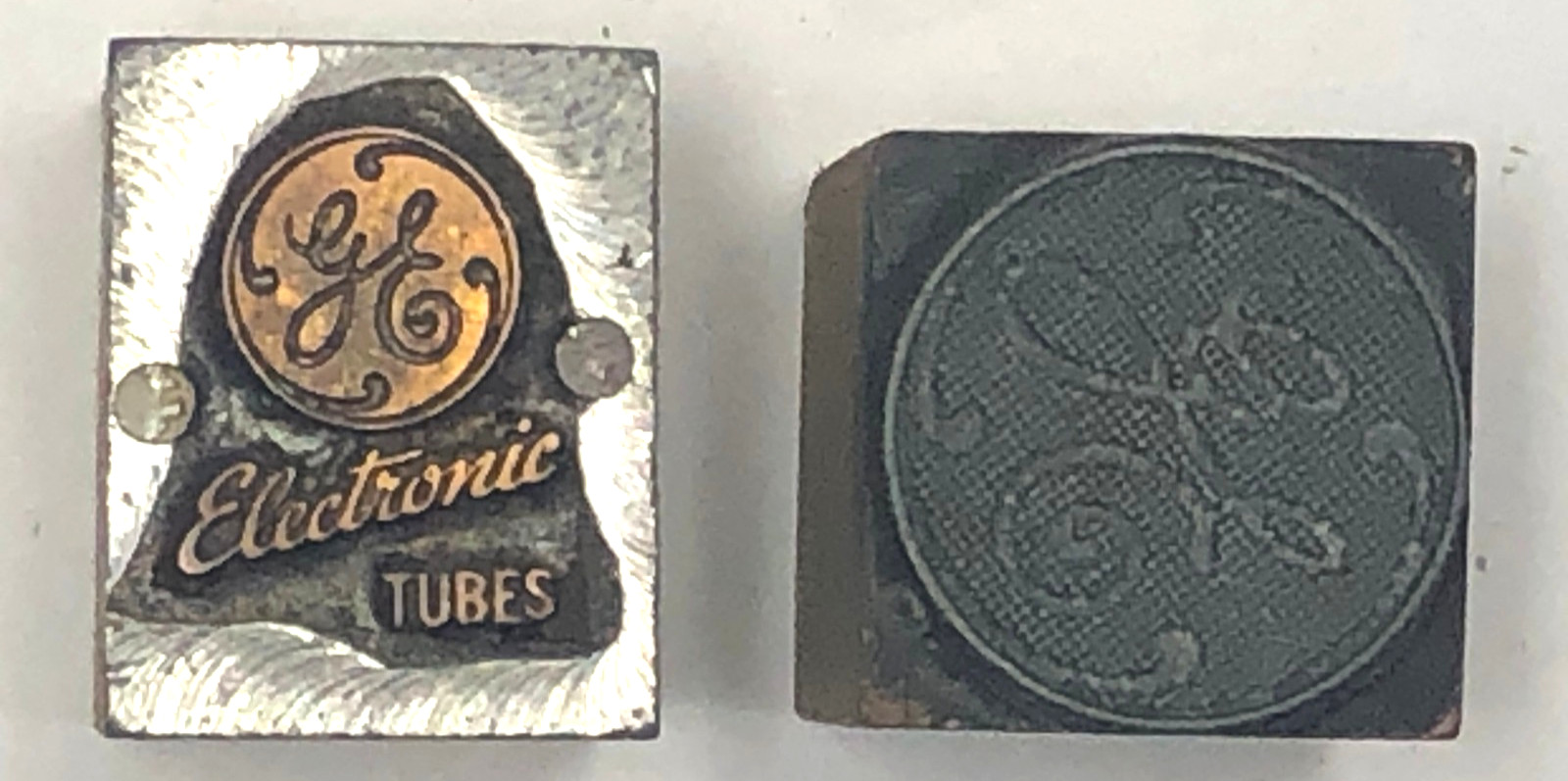 2 Vintage Metal Wood Letterpress Printing Block G-E, General Electric Tubes