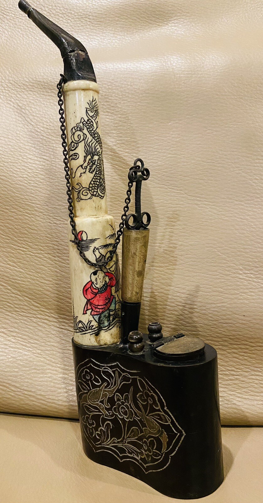 Antique Chinese Bronze & Bone Pipe RARE Dragon Rice Growers