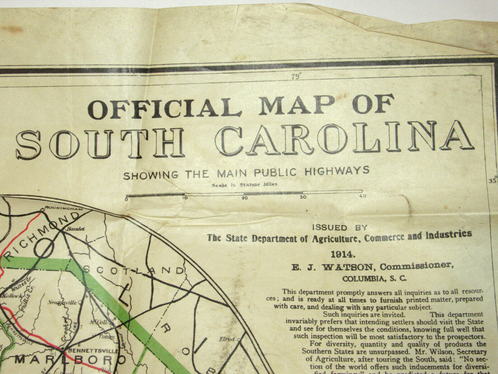 VINTAGE 1914 OFFICIAL MAP OF SOUTH CAROLINA SHOWING THE MAIN PUBLIC HIGHWAYS! SC