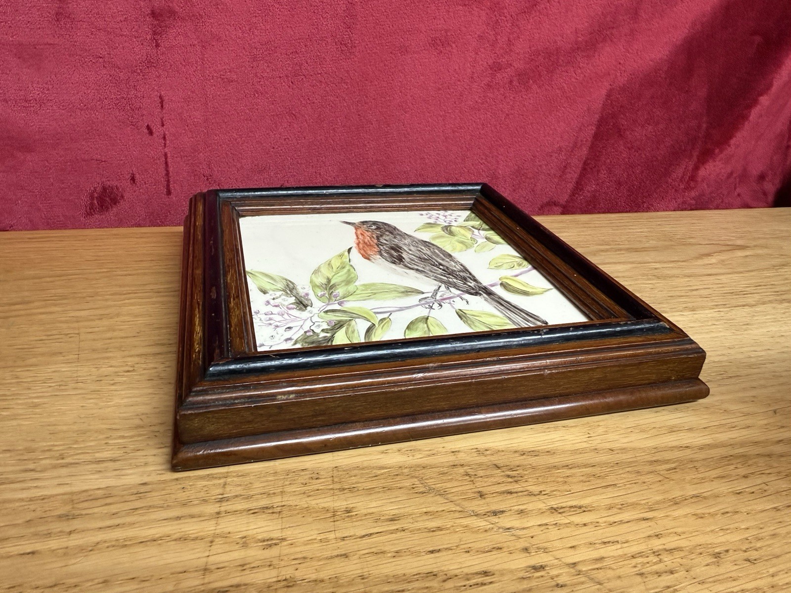 Robin teapot stand frame 8.2in square tile 6in sq Antique framed tile