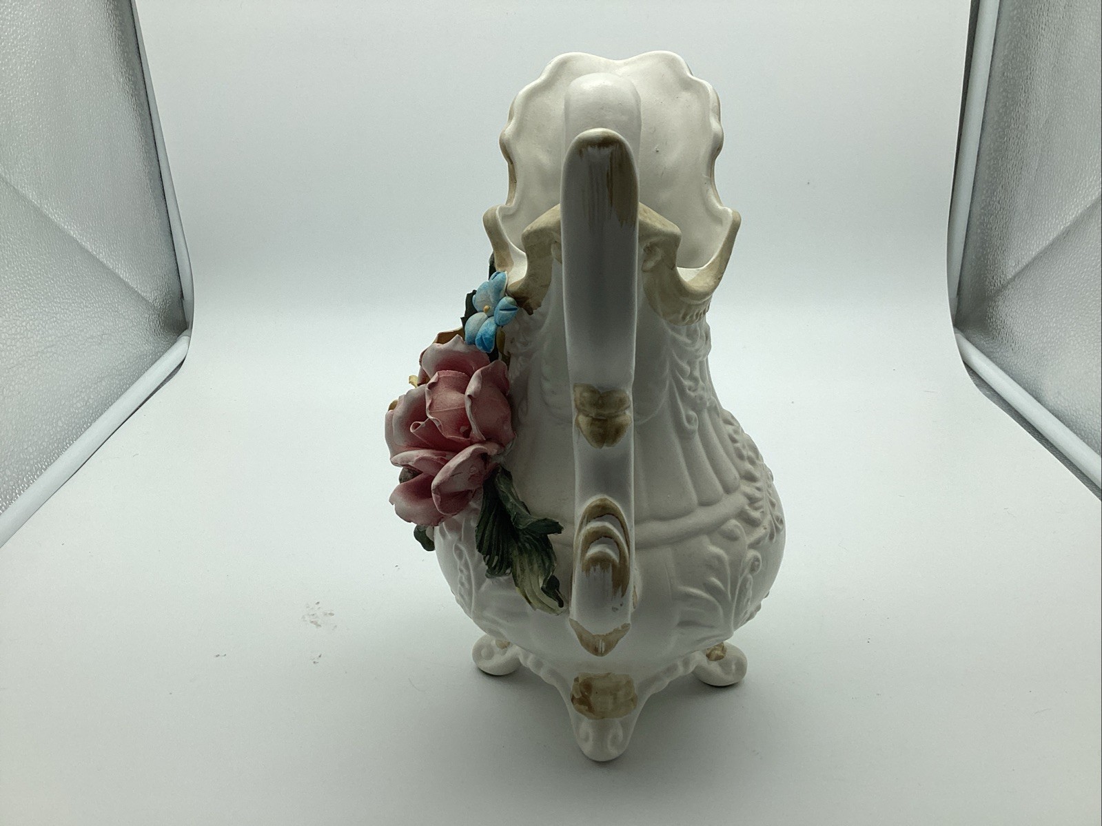Vintage Capodimonte Italy Porcelain Floral Pitcher 10” Applied Flowers Crown N