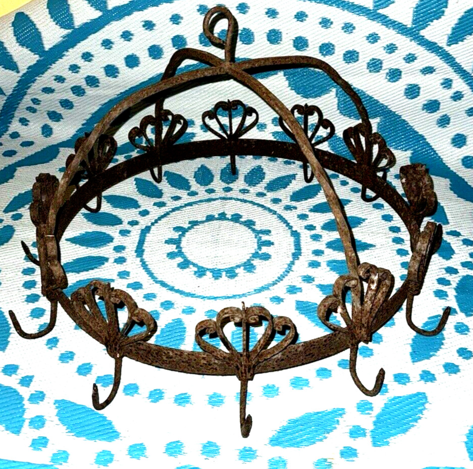Primitive Hand Twisted Wrought Iron Ceiling Hanging Pot Rack Hand Forged RUSTY